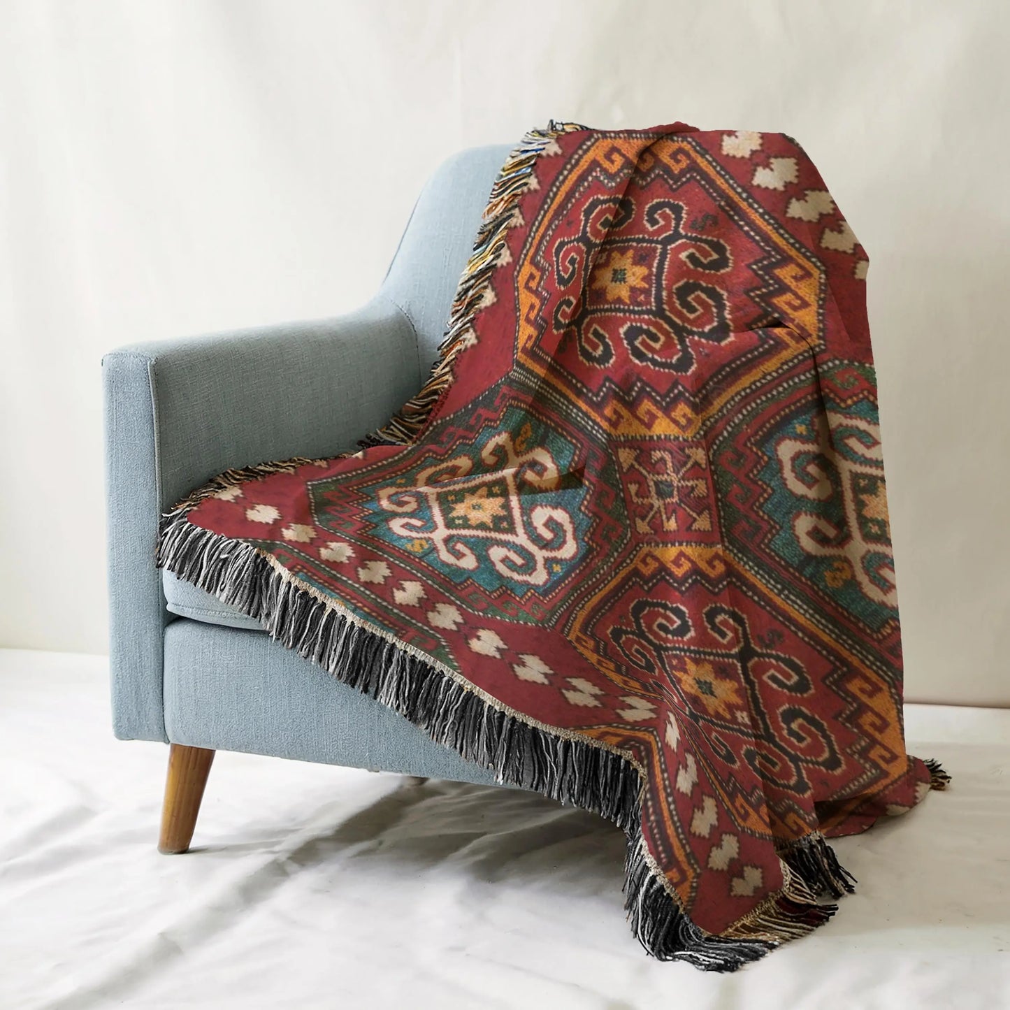 Woven Blanket - Turkish Throw With Anatolian Pattern & Colorful Fringed Edges