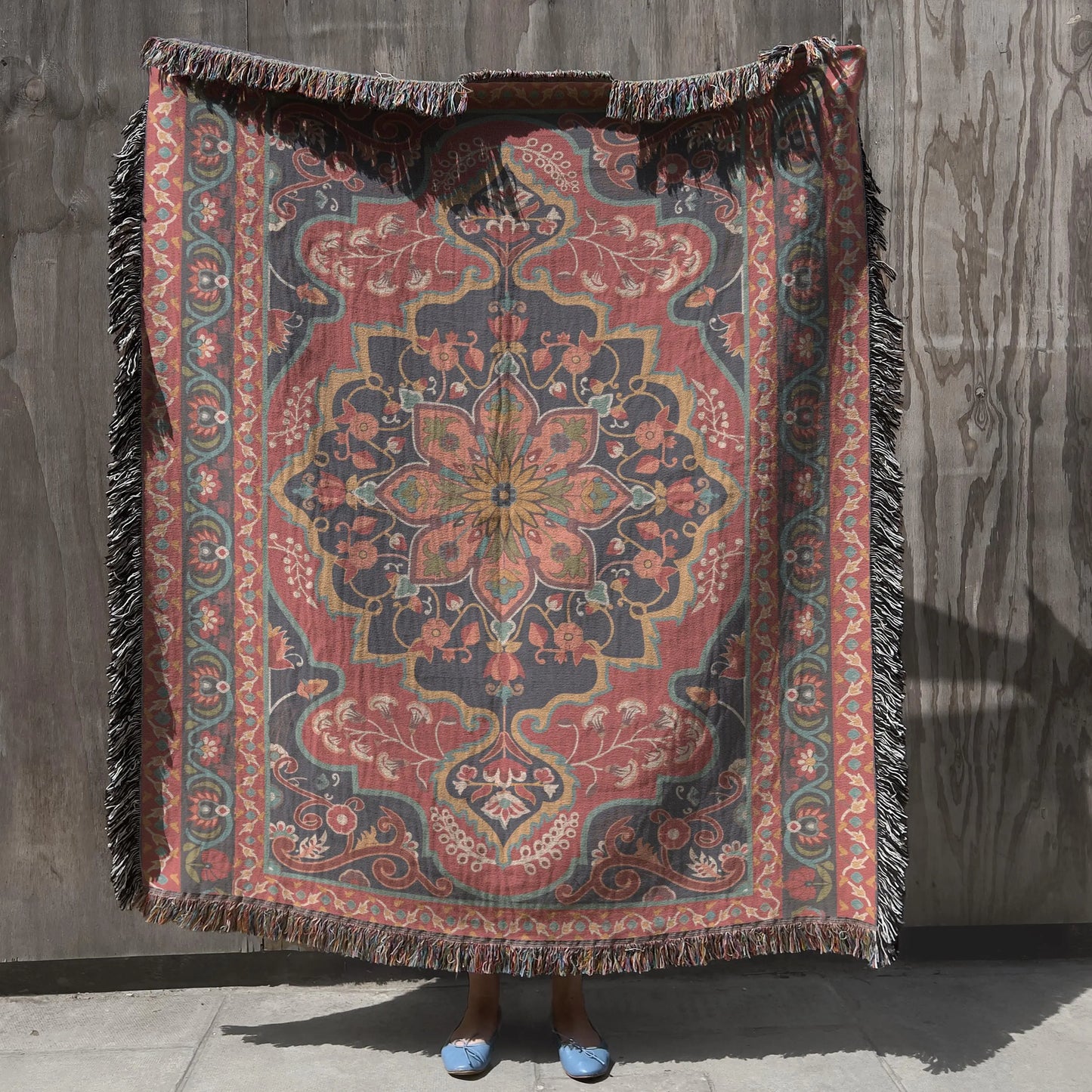 Cotton Throw Blanket – Persian Design Blanket With Oriental Pattern & Fringe Edge