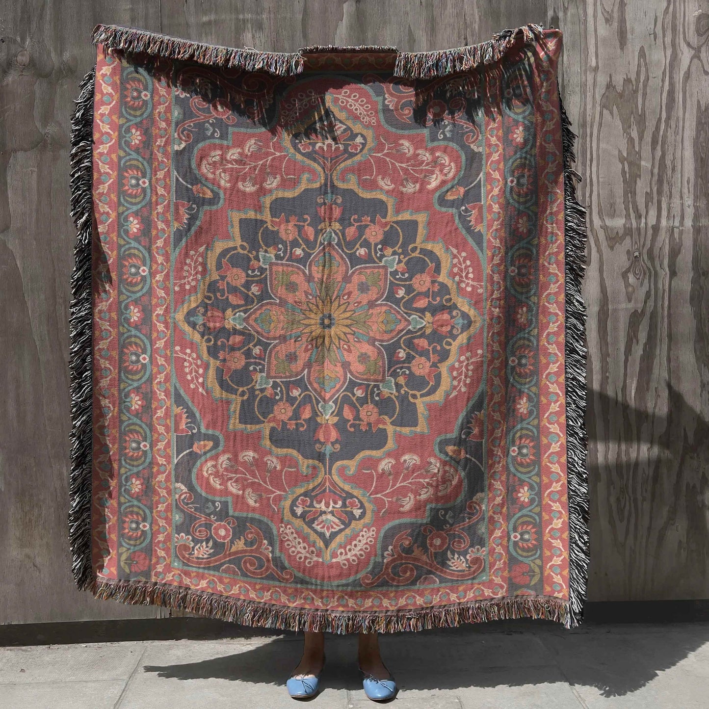 Cotton Throw Blanket – Persian Design Blanket With Oriental Pattern & Fringe Edge - timelessbohochic.com