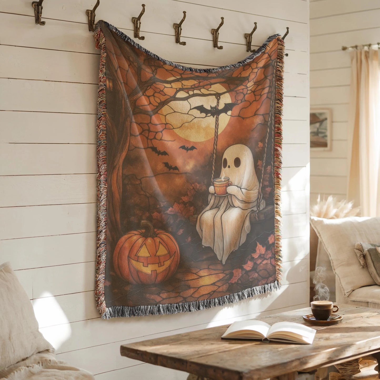 Halloween Ghost Tapestry - Woven Cotton Pumpkin Wall Hanging | Cozy Autumn Decor