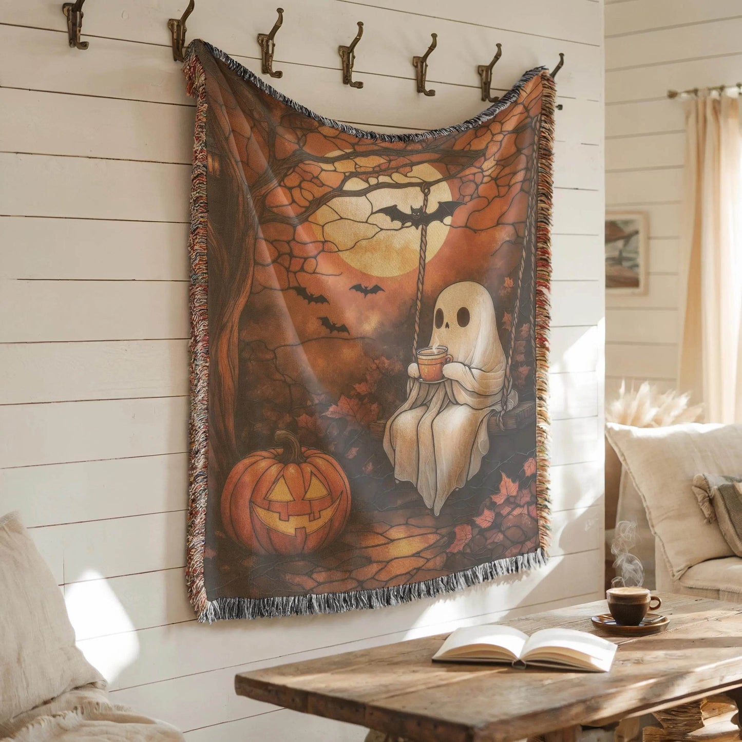 Halloween Ghost Tapestry - Woven Cotton Pumpkin Wall Hanging | Cozy Autumn Decor - timelessbohochic.com