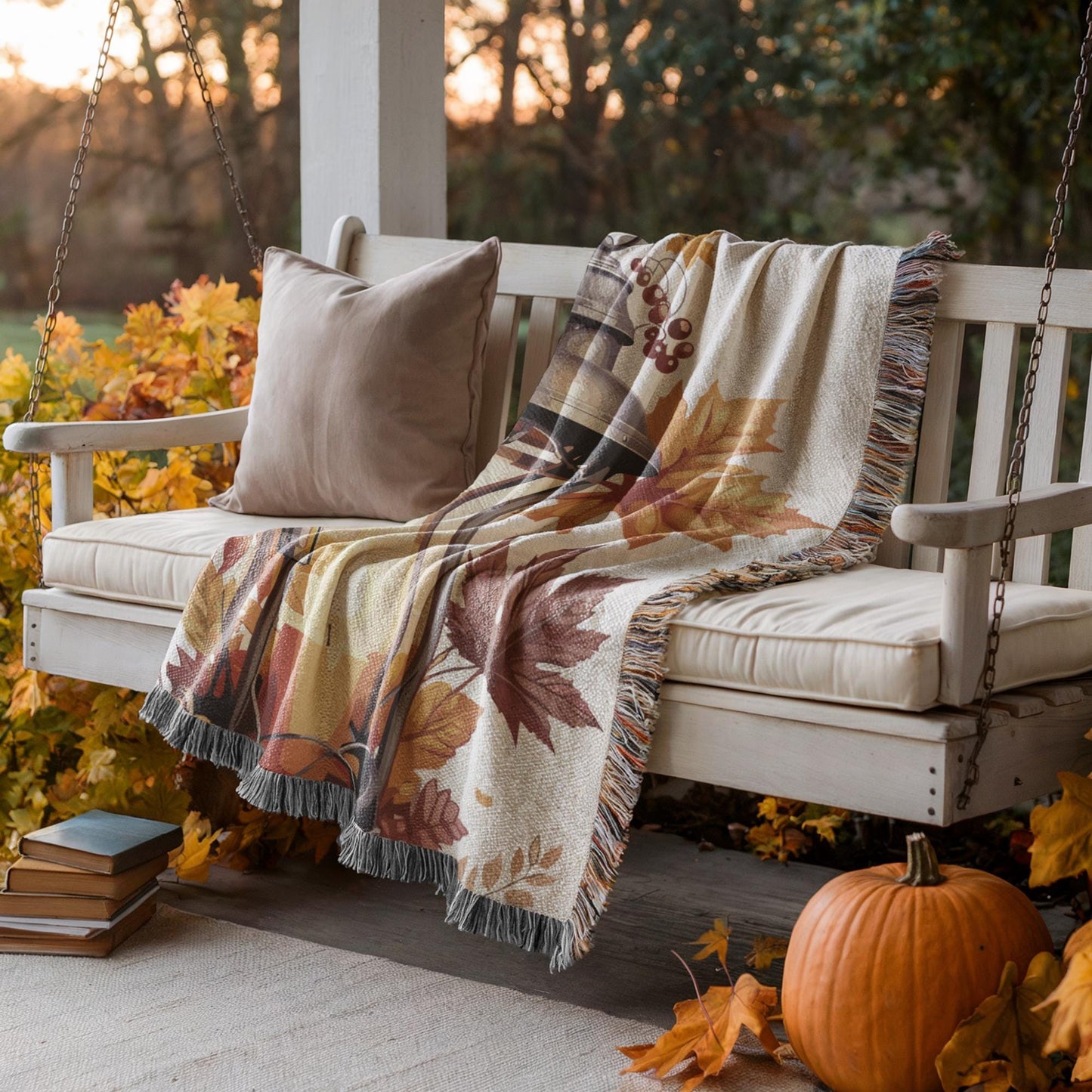 Woven Fall Blanket - Cozy Cotton Fringe Throw With Pumpkin Decor & Lantern Design