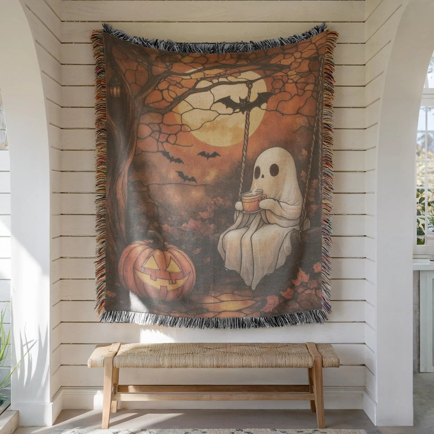 Halloween Ghost Tapestry - Woven Cotton Pumpkin Wall Hanging | Cozy Autumn Decor