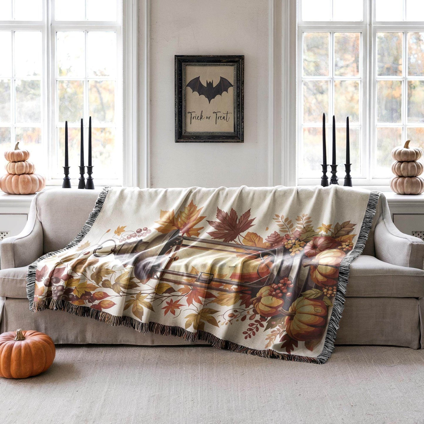 Woven Fall Blanket - Cozy Cotton Fringe Throw With Pumpkin Decor & Lantern Design - timelessbohochic.com