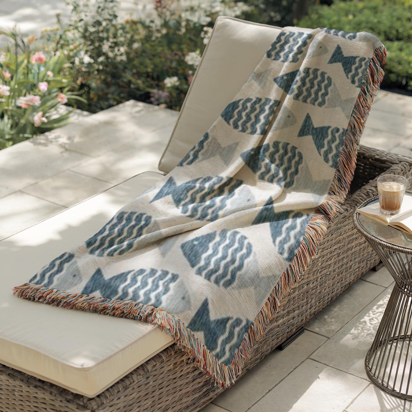 Coastal Boho Throw - Soft Cotton Throw Blanket With Nautical Fish Motif & Fringed Edges
