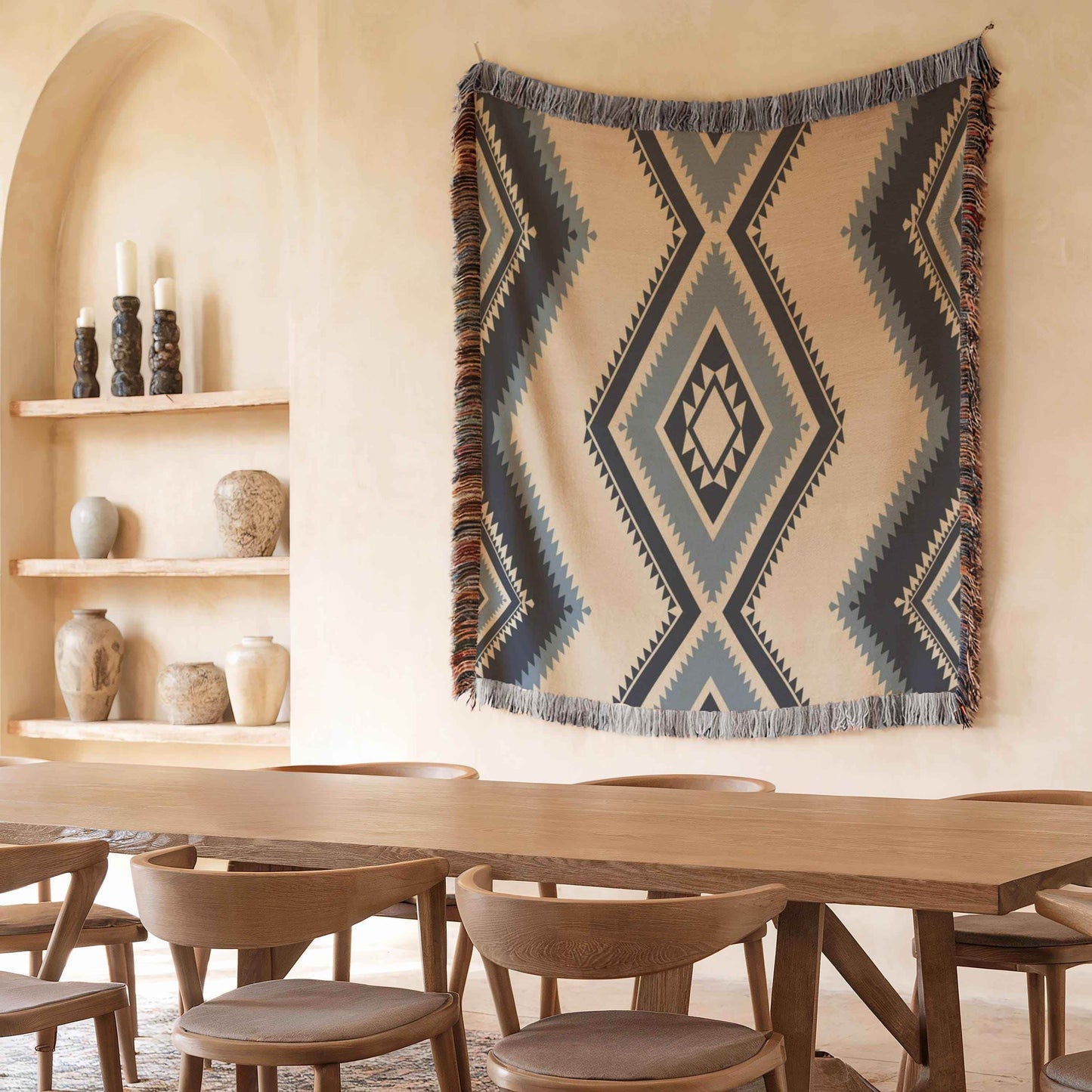 Tribal Woven Tapestry – Southwestern Wall Hanging With Colorful Fringed Edges - timelessbohochic.com