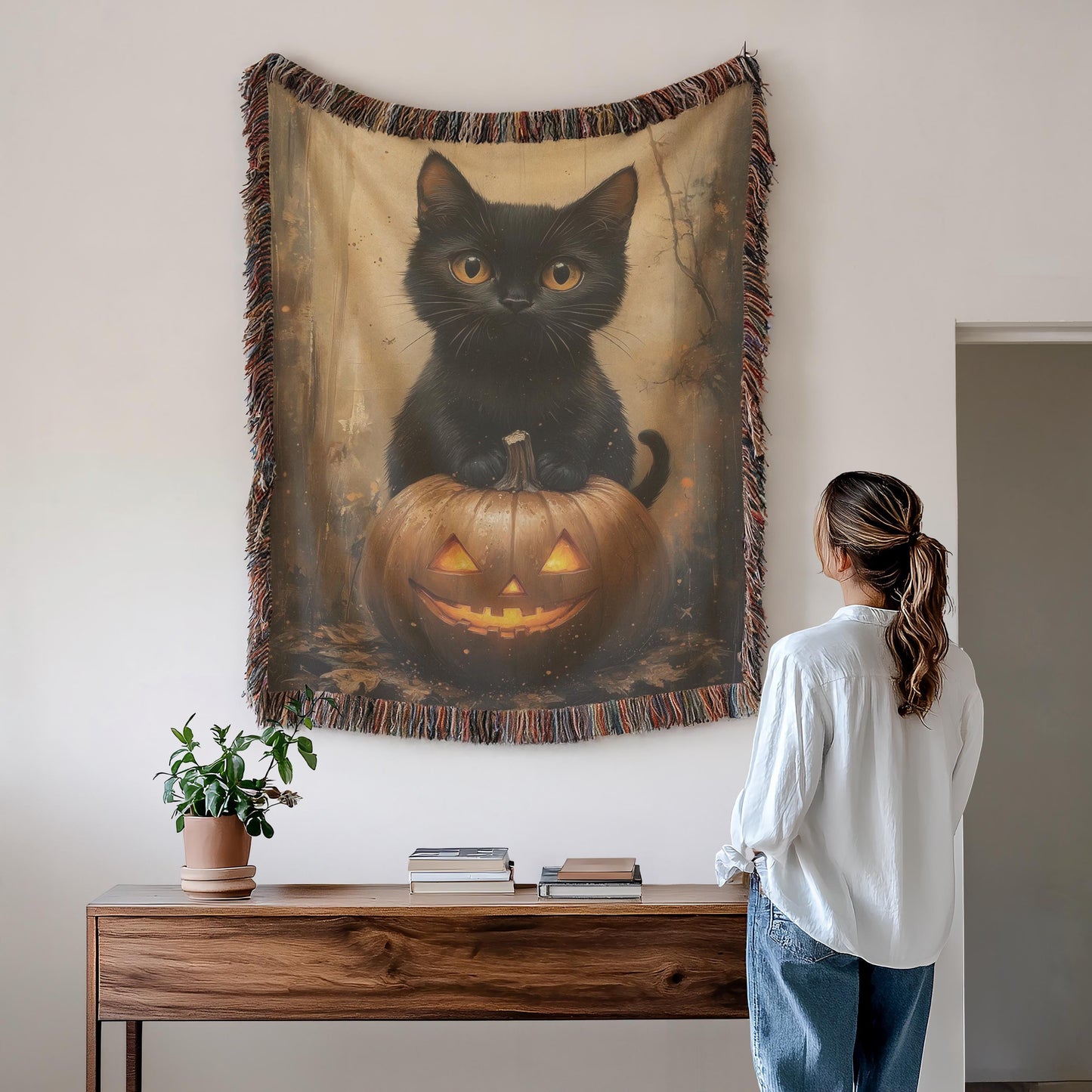 Halloween Woven Tapestry - Cozy Cotton Throw With Cat Pumpkin Design & Fringed Edges