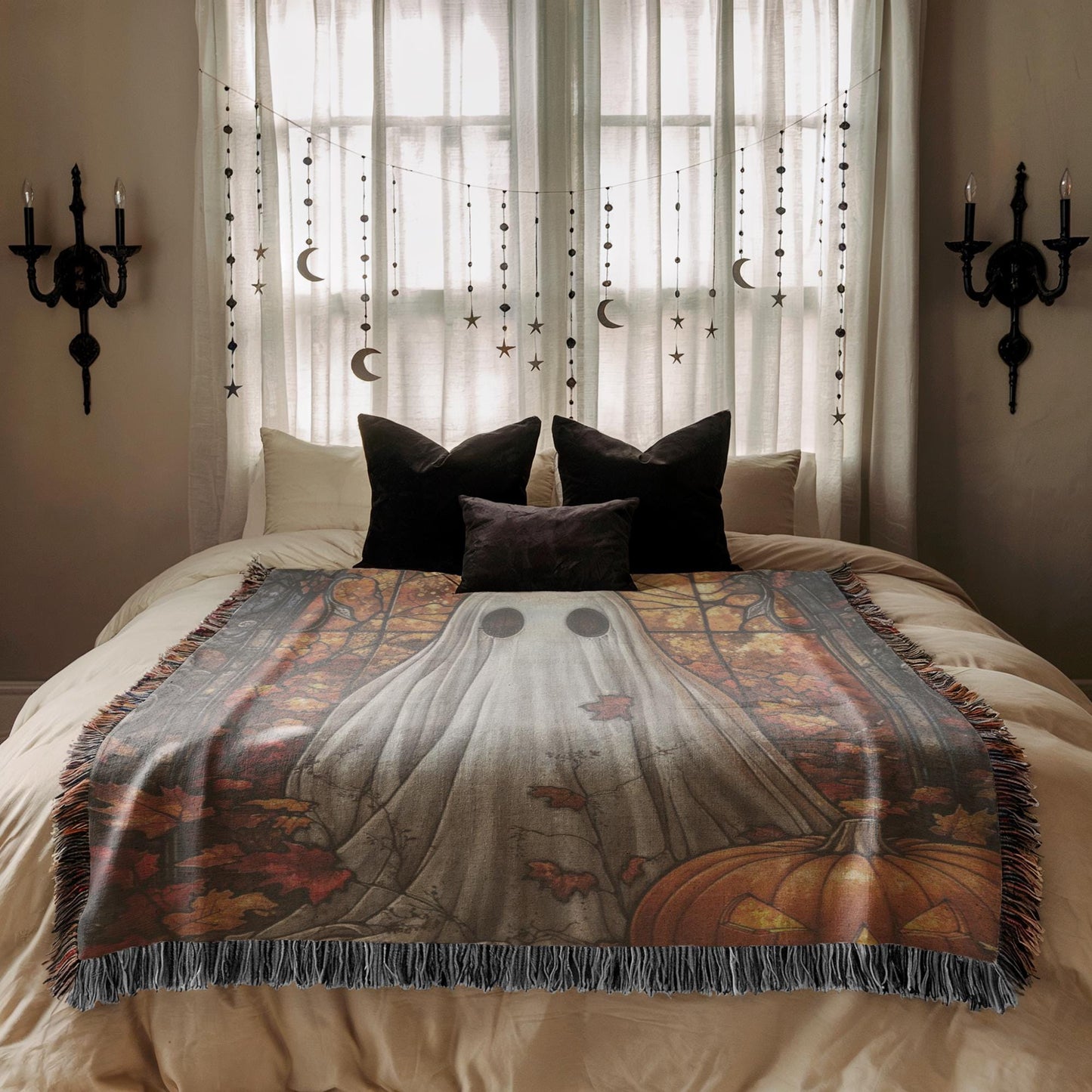 Halloween Decor Blanket - Festive Fall Cotton Throw With Ghost Pumpkin & Stained Glass Motif