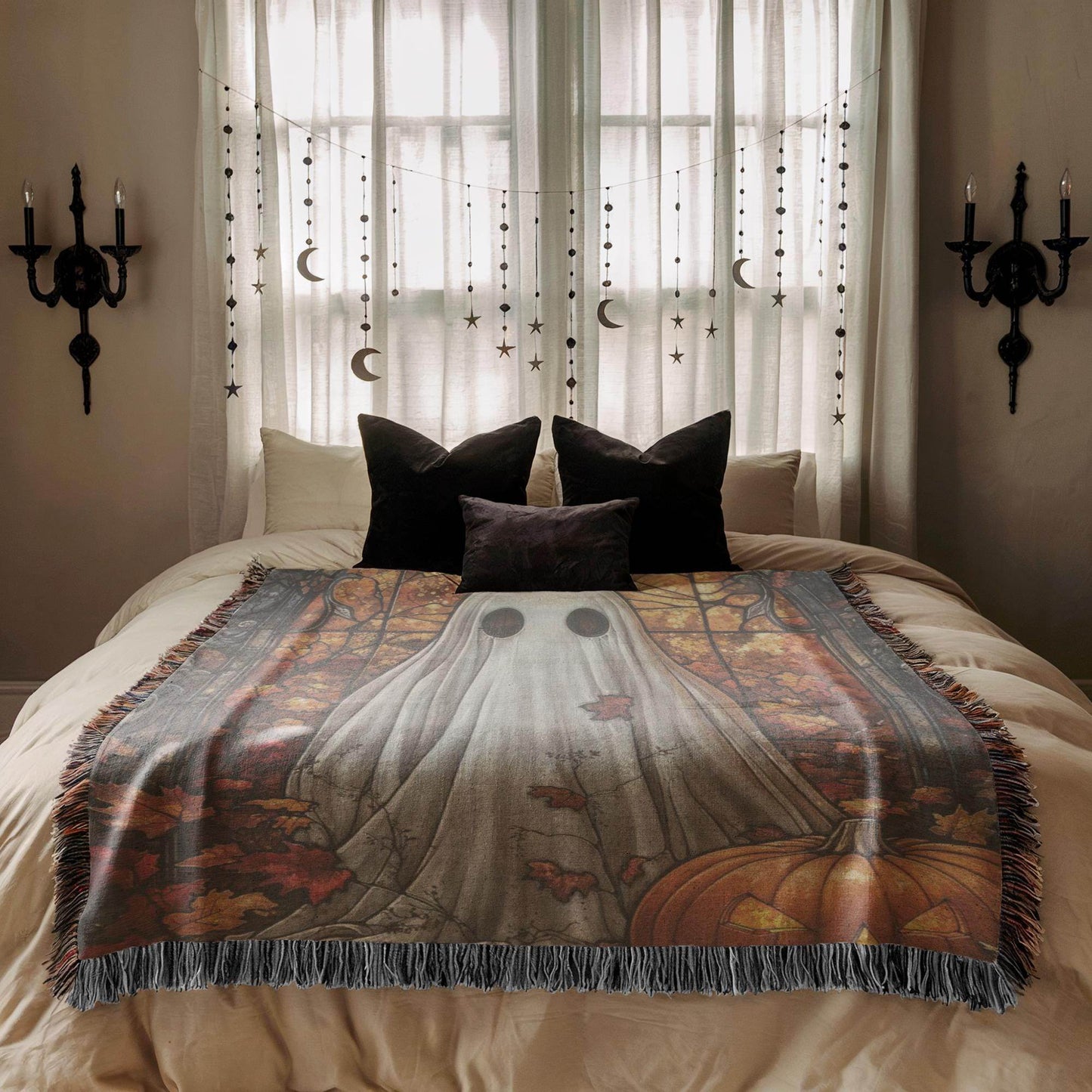 Halloween Decor Blanket - Festive Fall Cotton Throw With Ghost Pumpkin & Stained Glass Motif - timelessbohochic.com