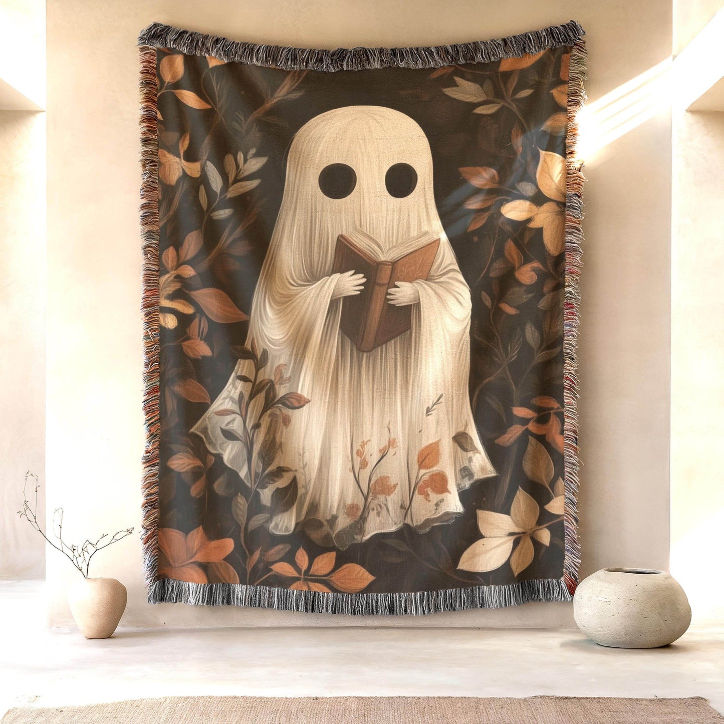 Cute Ghost Tapestry - Cozy Cotton Throw Featuring Adorable Reading Ghost Design - timelessbohochic.com