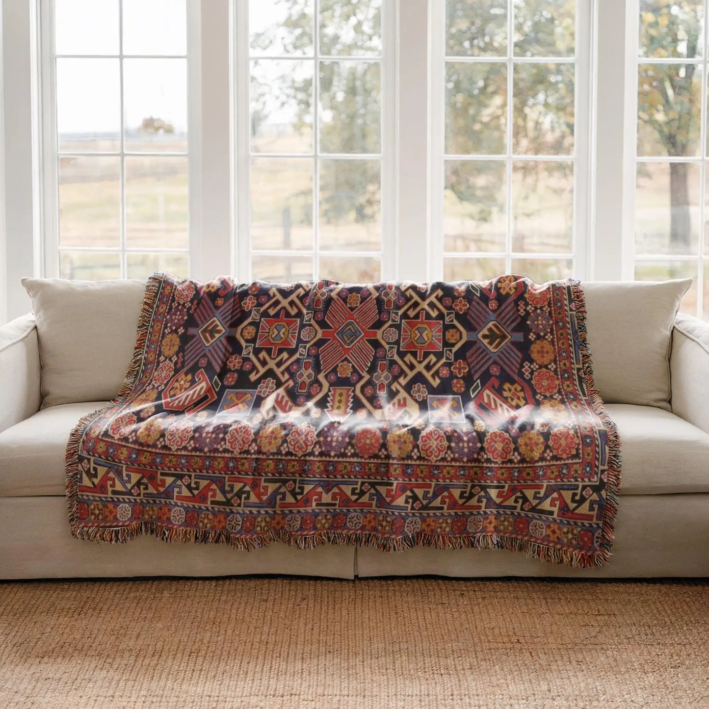 Cotton Throw Blanket – Boho Turkish Rug Patterned Woven Textile with Fringed Edges