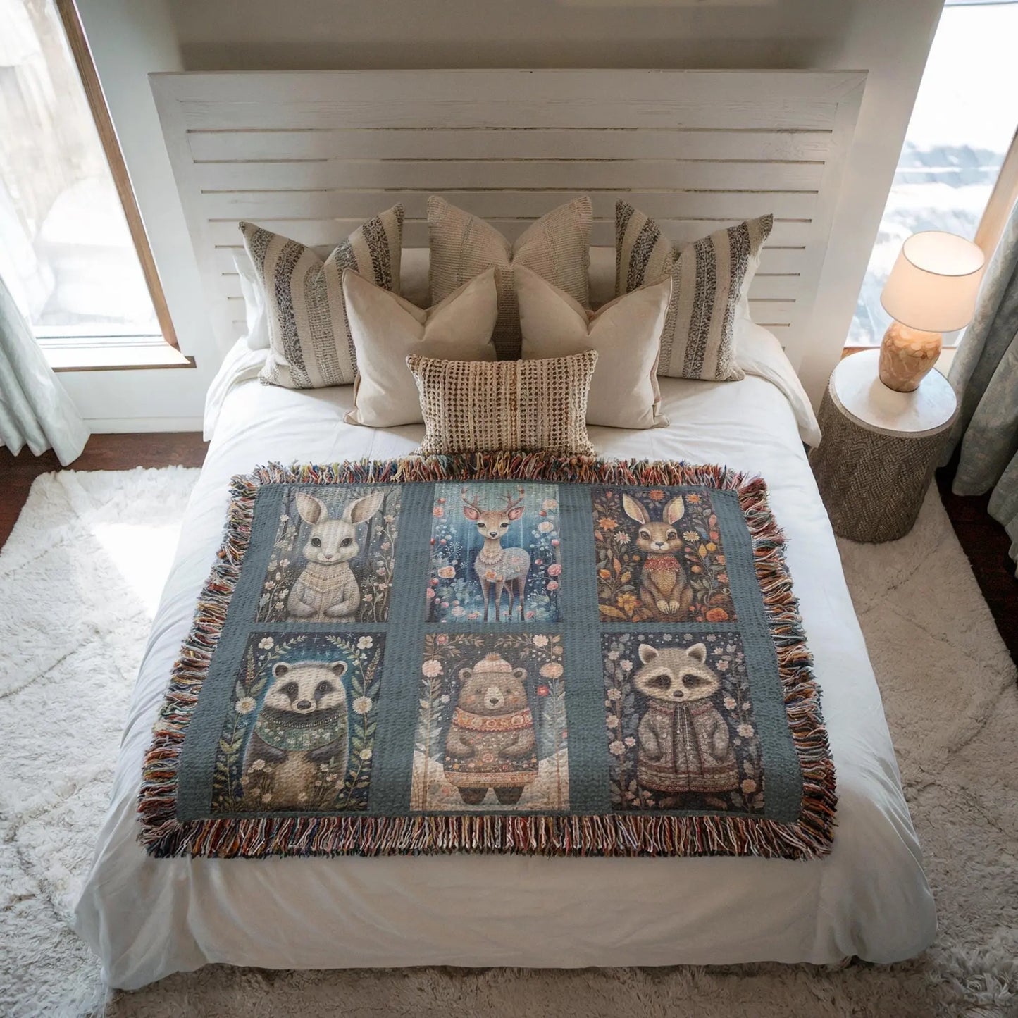 Cotton Woven Quilt – Woodland Animal Throw | Scandi Forest Decor Blanket