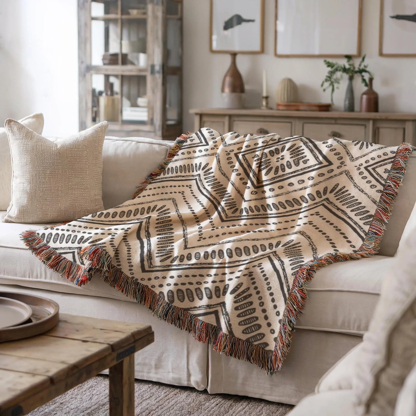 Woven Throw Blanket - Black and White Ikat Pattern Cotton Cozy Couch Throw