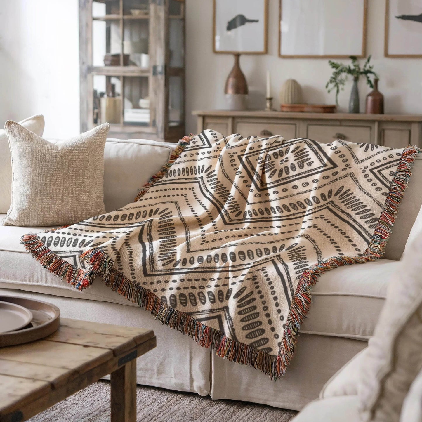 Woven Black and White Ikat Throw Blanket - Cozy Cotton Couch Blanket - timelessbohochic.com