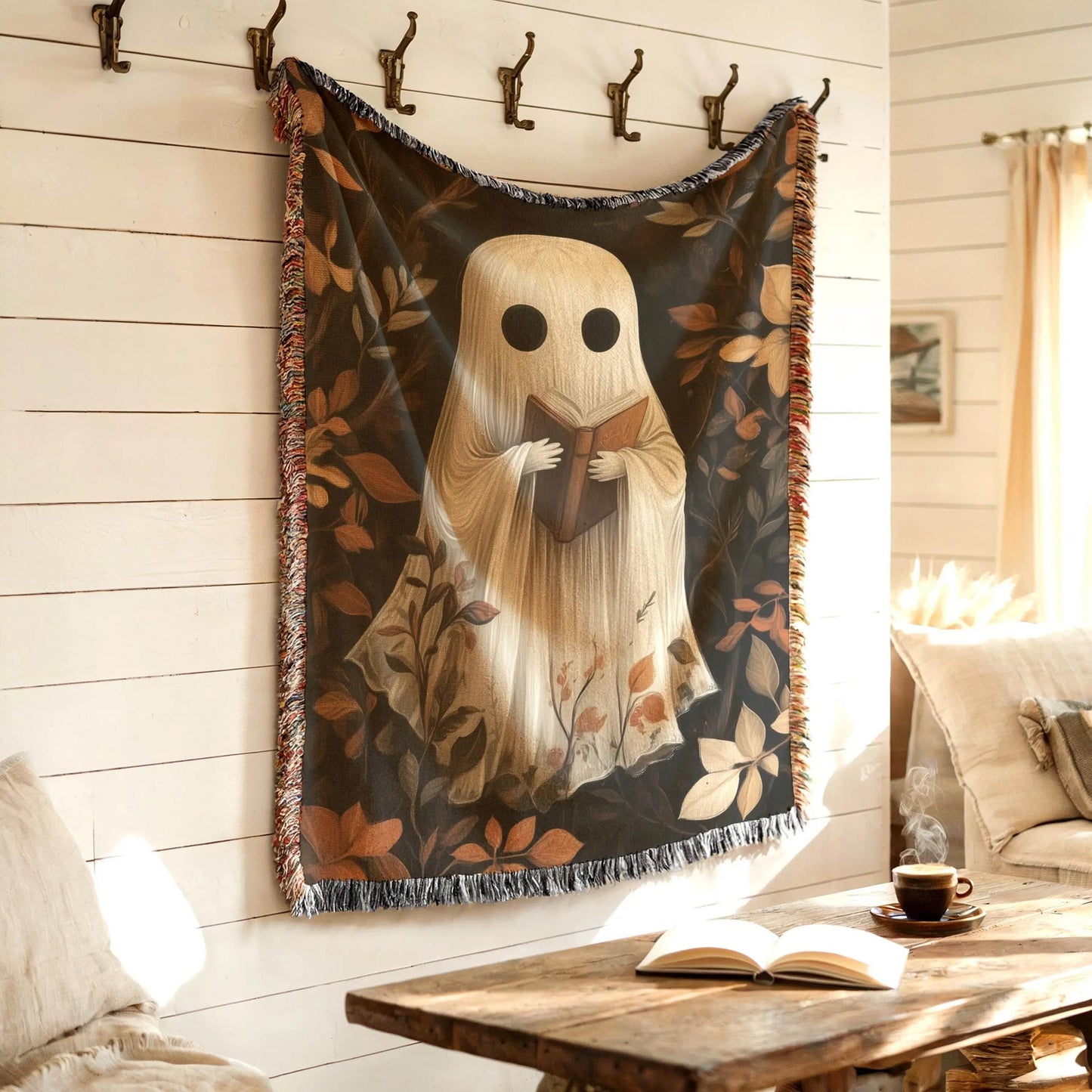 Cute Ghost Throw Blanket - Cozy Fall Cotton Woven Throw With Colorful Fringed Edges - timelessbohochic.com