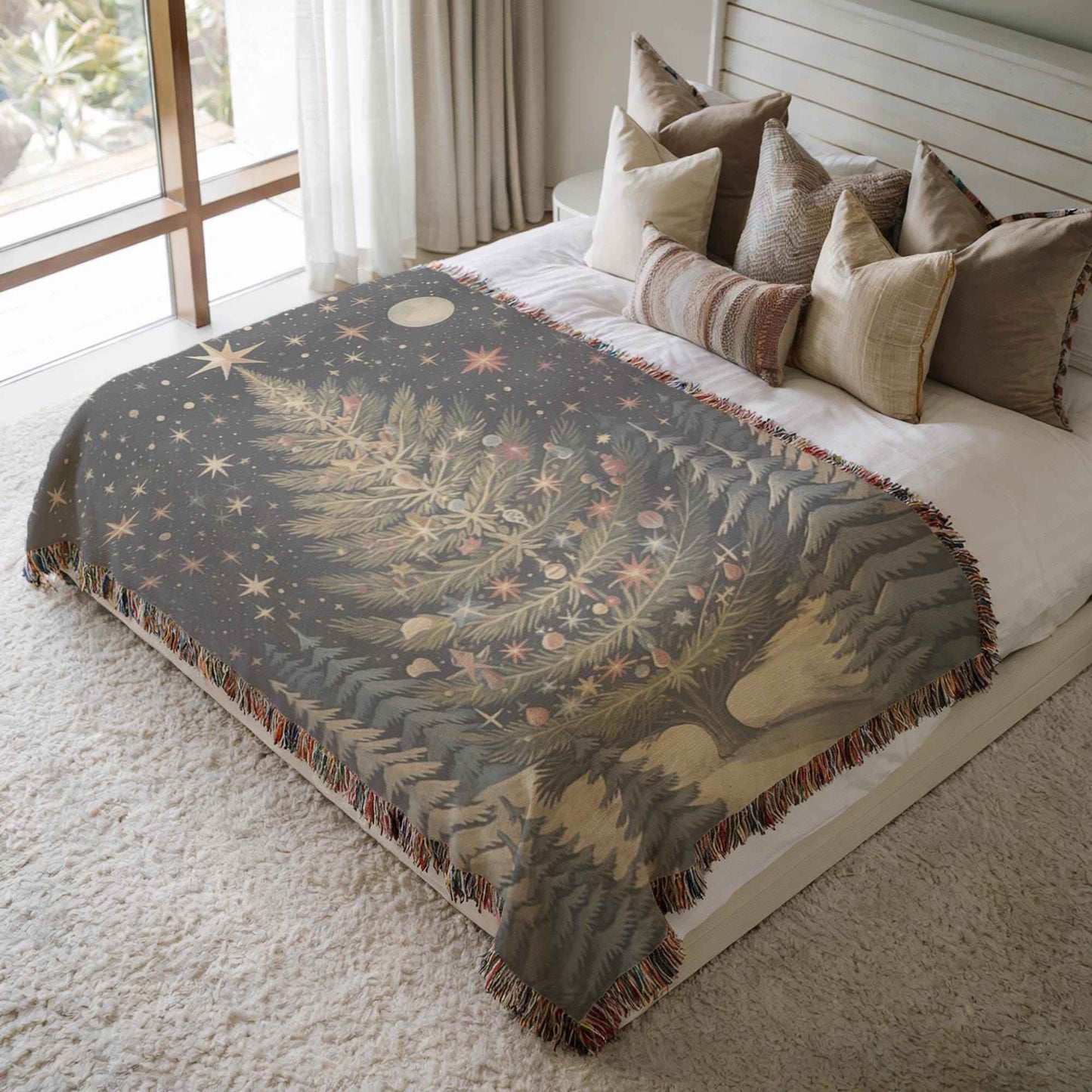 Christmas Tree Blanket - Cozy Woven Cotton Throw With Festive Fringed Edges - timelessbohochic.com