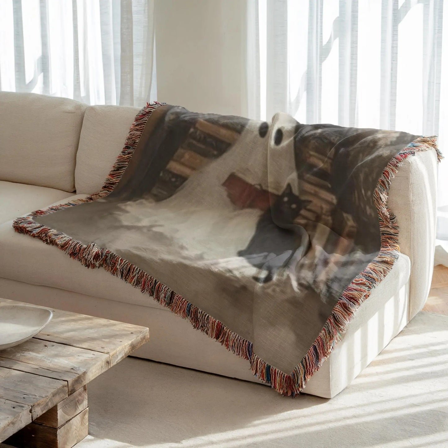 Ghost Book Blanket – Cozy Cat Throw | Soft Cotton Cover, Halloween Decor