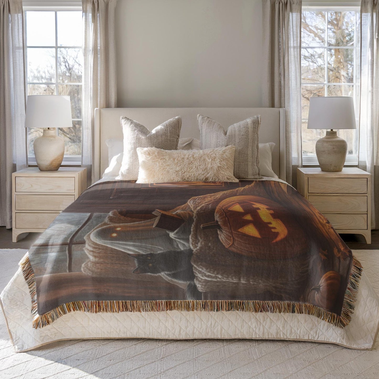 Ghost Woven Blanket – Cozy Fall Cotton Throw with Black Cat Pumpkin Design