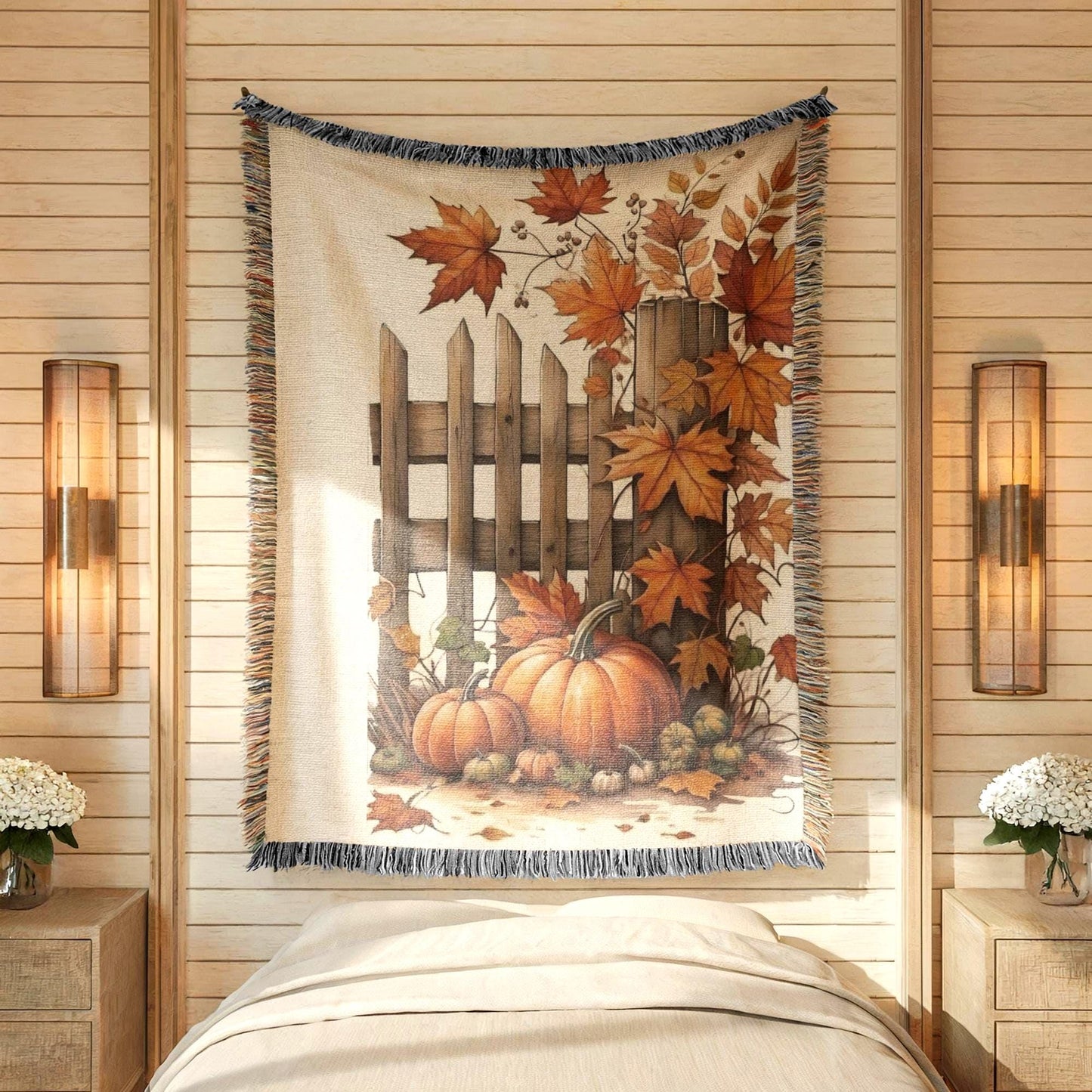 Thanksgiving Blanket, Farmhouse Design with Leaves Pumpkin and Picket Fence, Harvest Season Bedding, Fall Bed Cover, Gift for Dad Daddy Pop
