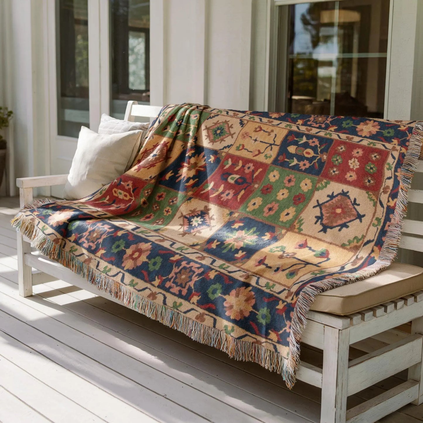 Checkered Turkish Throw - Floral Cotton Picnic Quilt | Cozy Patio Blanket