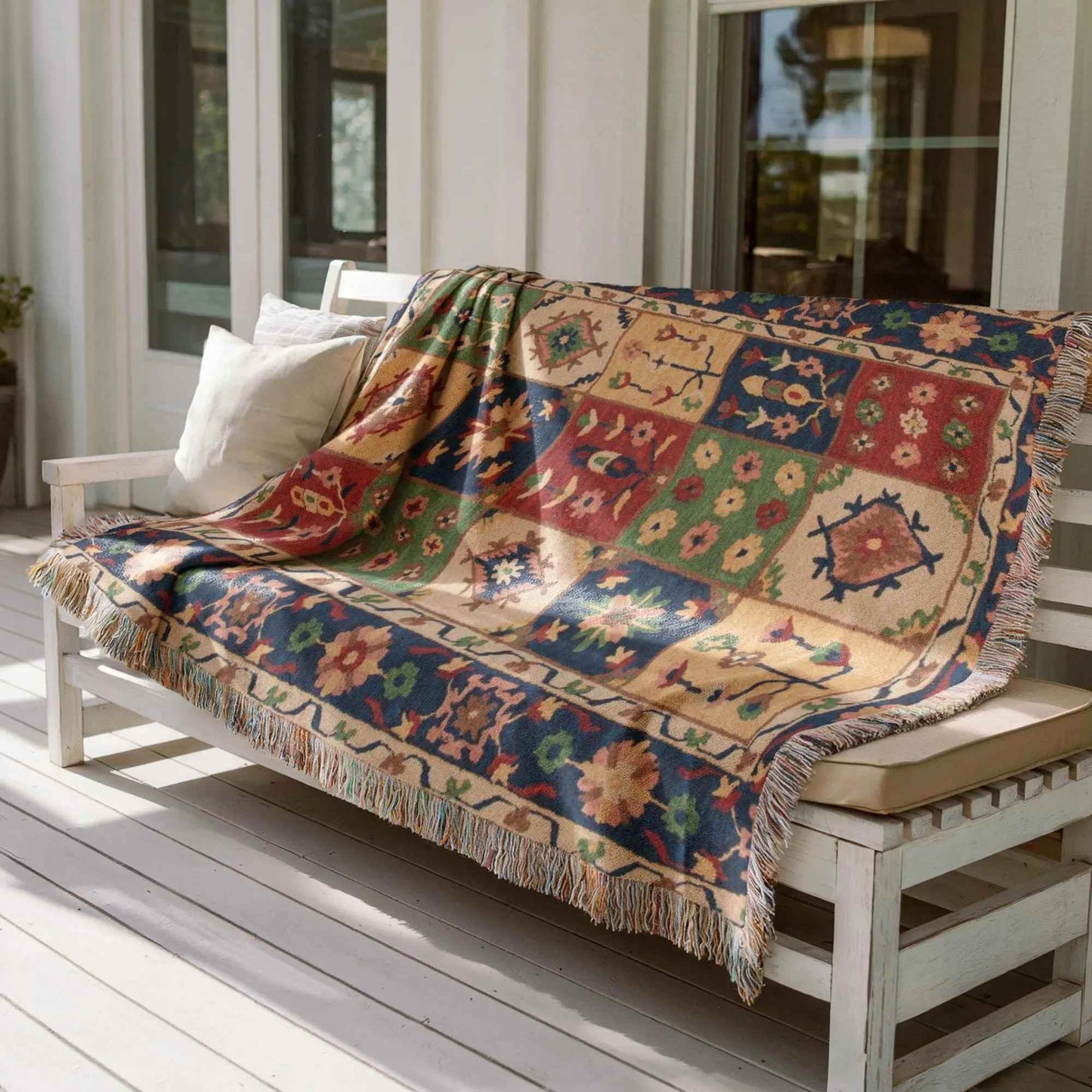 Checkered Turkish Throw Blanket - Floral Cotton Picnic Quilt | Cozy Patio Blanket - timelessbohochic.com
