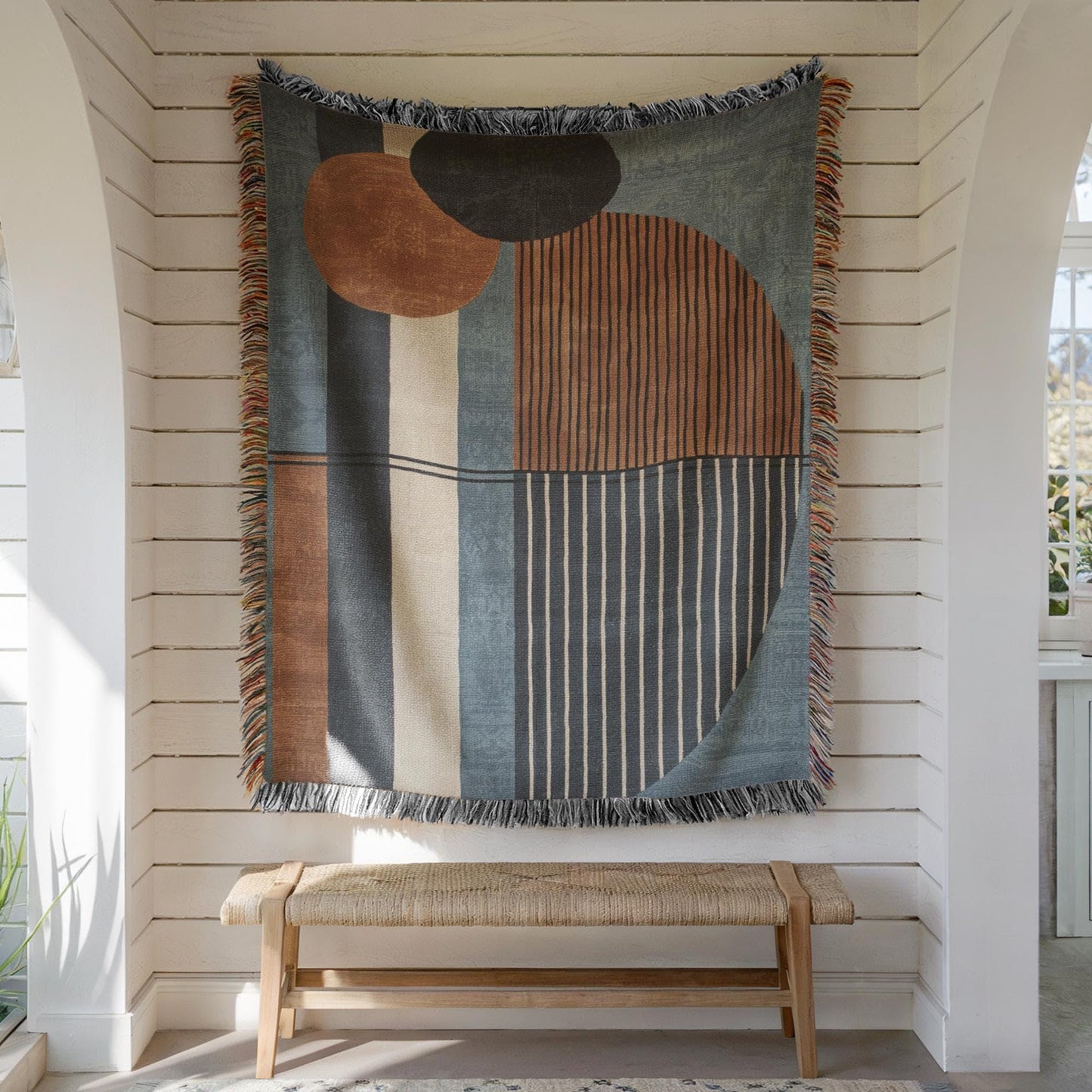 Modern Woven Blanket - Blue Rust Brown Cotton Throw With Colorful Fringed Edges