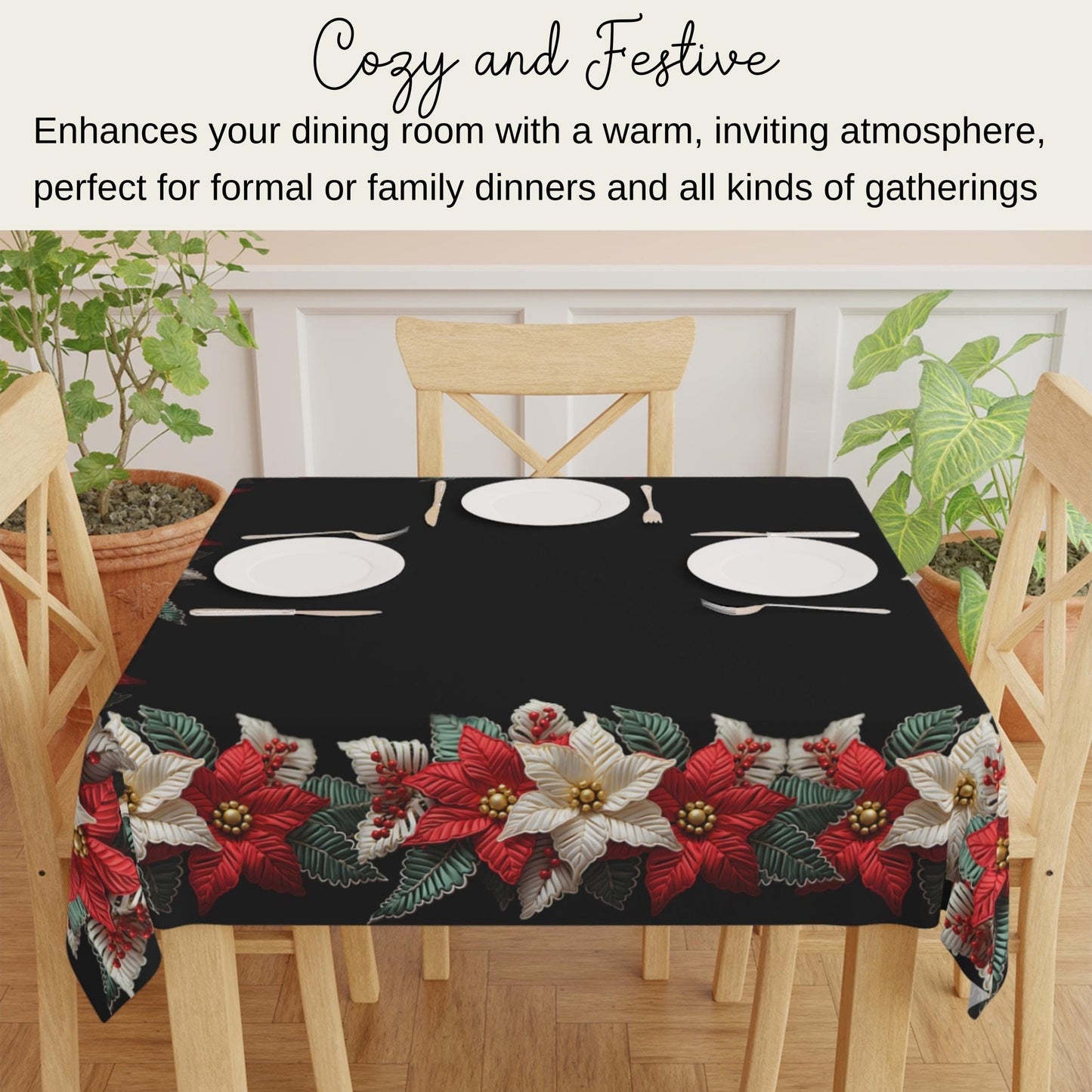 Holiday Tablecloth – Classic Christmas Linen with Poinsettia Pattern, Durable Polyester Fabric
