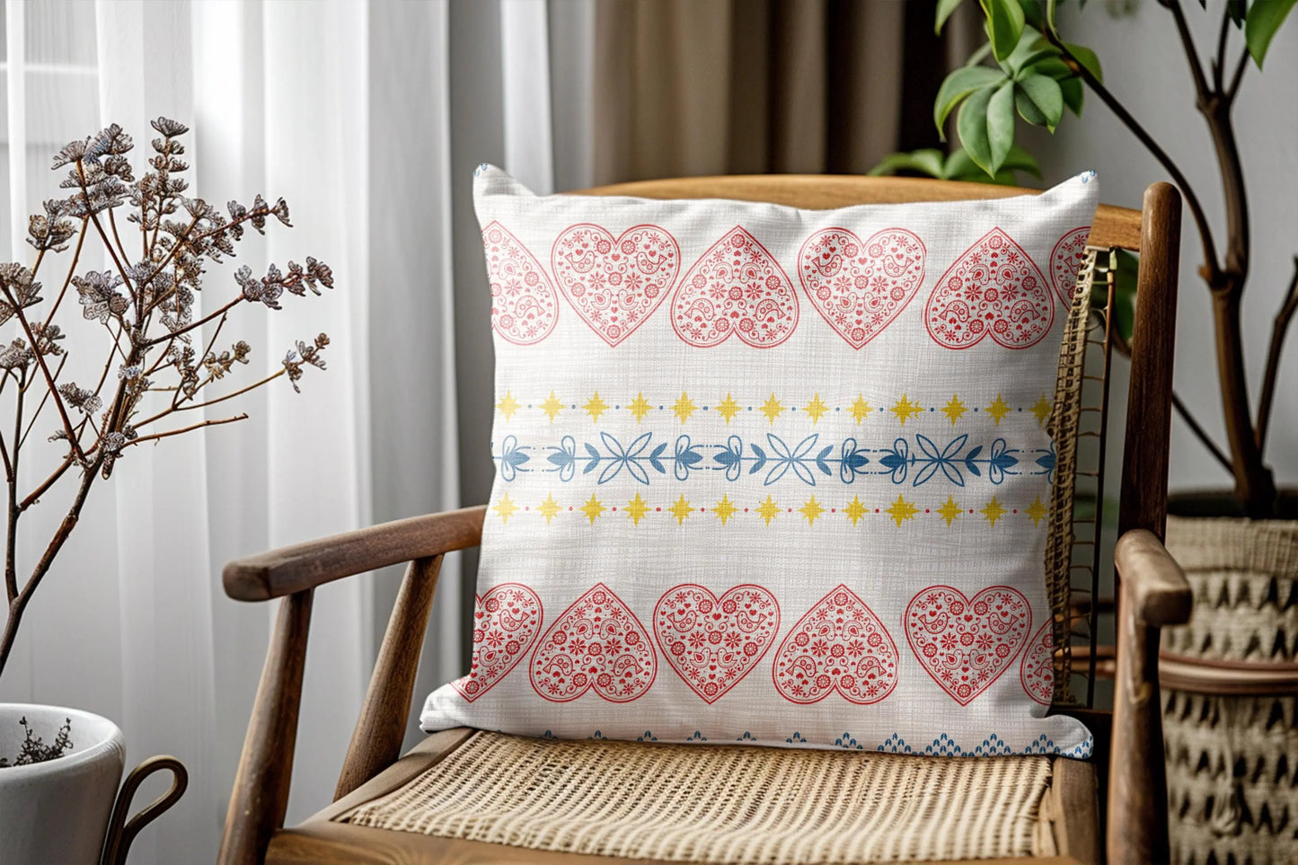 Scandi Woven Pillow – Nordic Decorative Cushion With Red Hearts & Yellow Stars