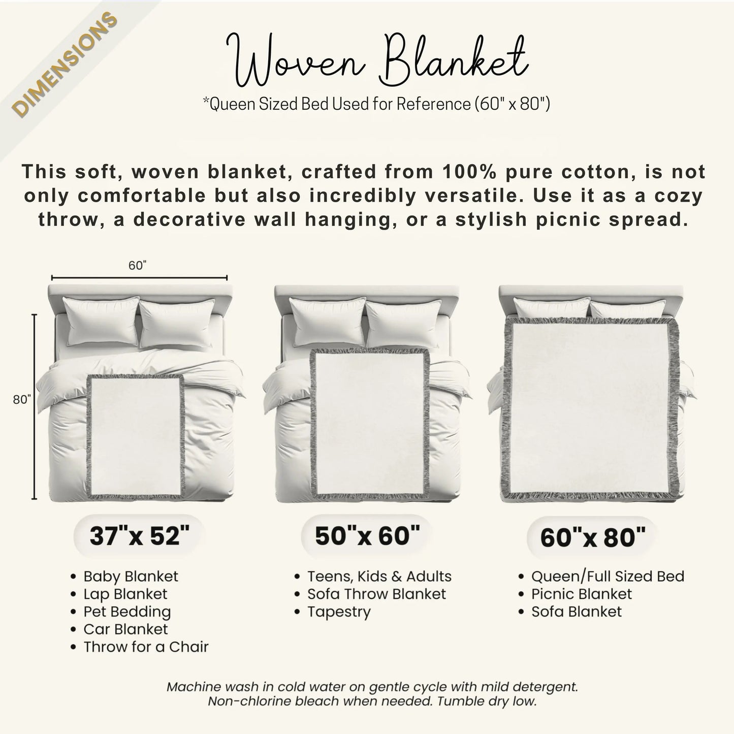 Woven Throw Blanket - Turkish Picnic Coverlet With Soft Cotton Fringed Edges