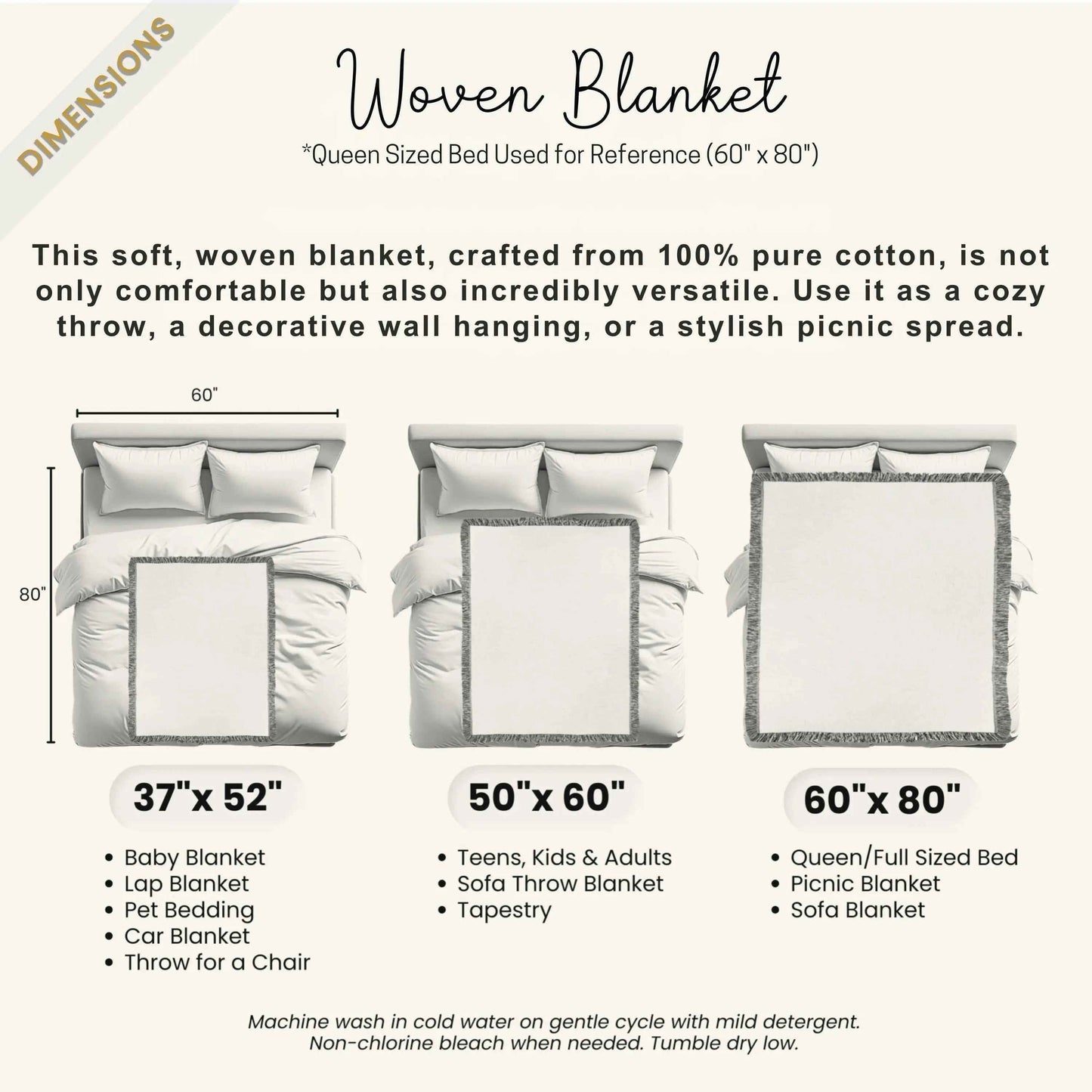 Woven Turkish Throw Blanket - Soft Cotton Picnic Coverlet with Fringed Edges - timelessbohochic.com
