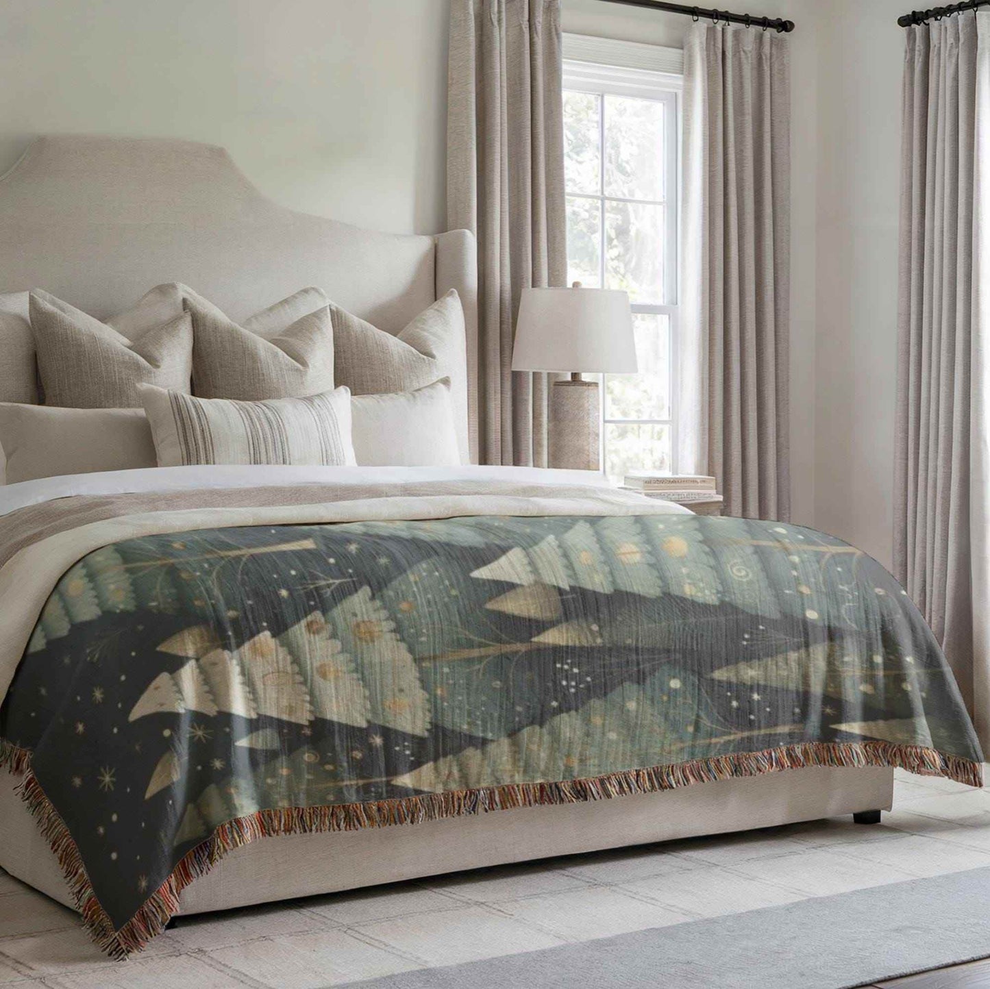 Festive Forest Blanket – Woven Cotton Throw with Xmas Tree Design, Cozy Winter Cover - timelessbohochic.com