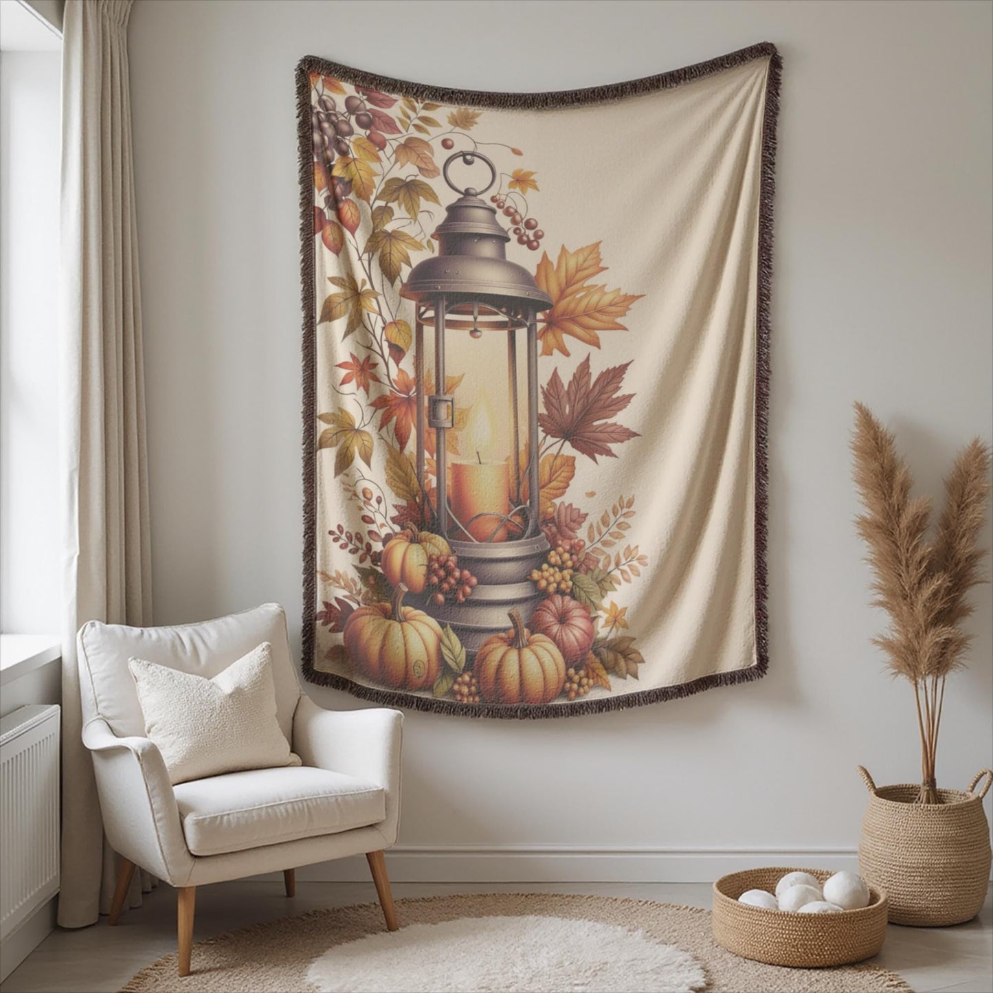 Texture Wall Art - Cozy Rustic Decoration With Pumpkin, Autumn Leaves & Colorful Fringed Edges