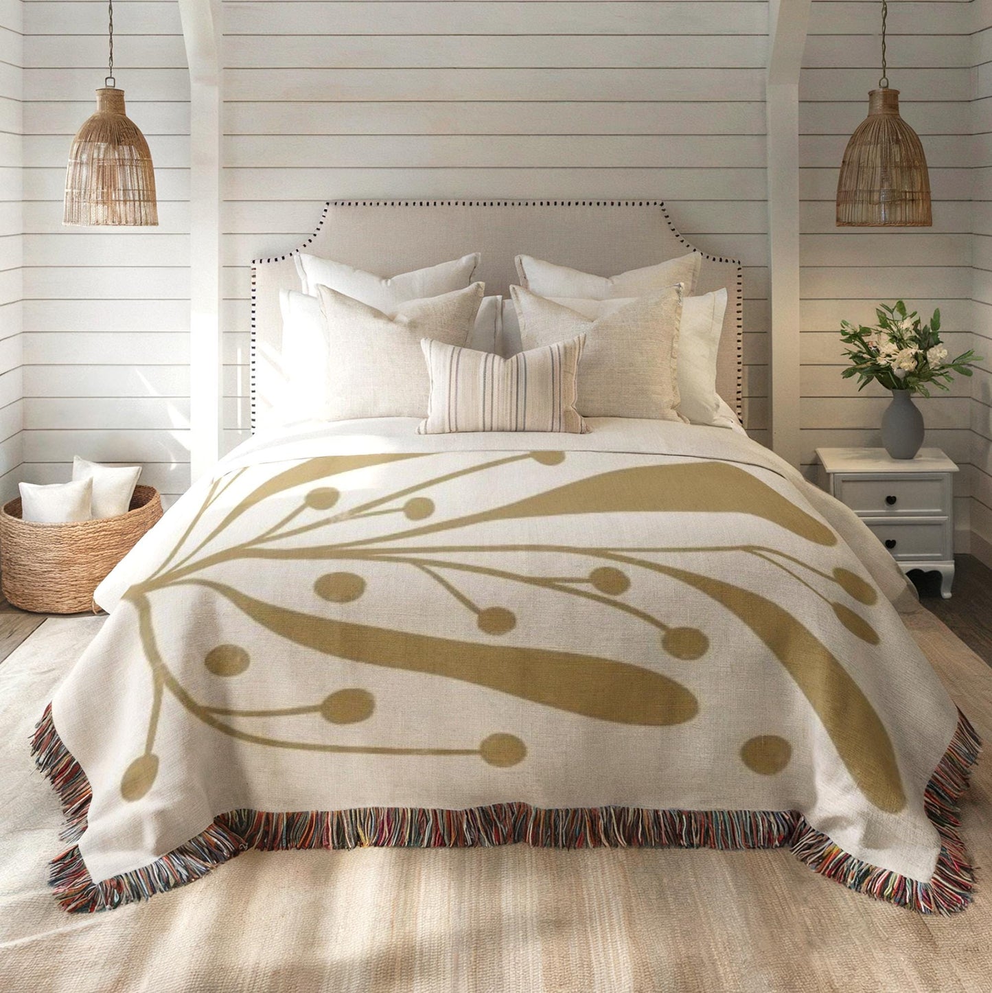 Linden Leaf Woven Blanket - Mid Century Throw With Botanical Pattern & Cozy Cotton