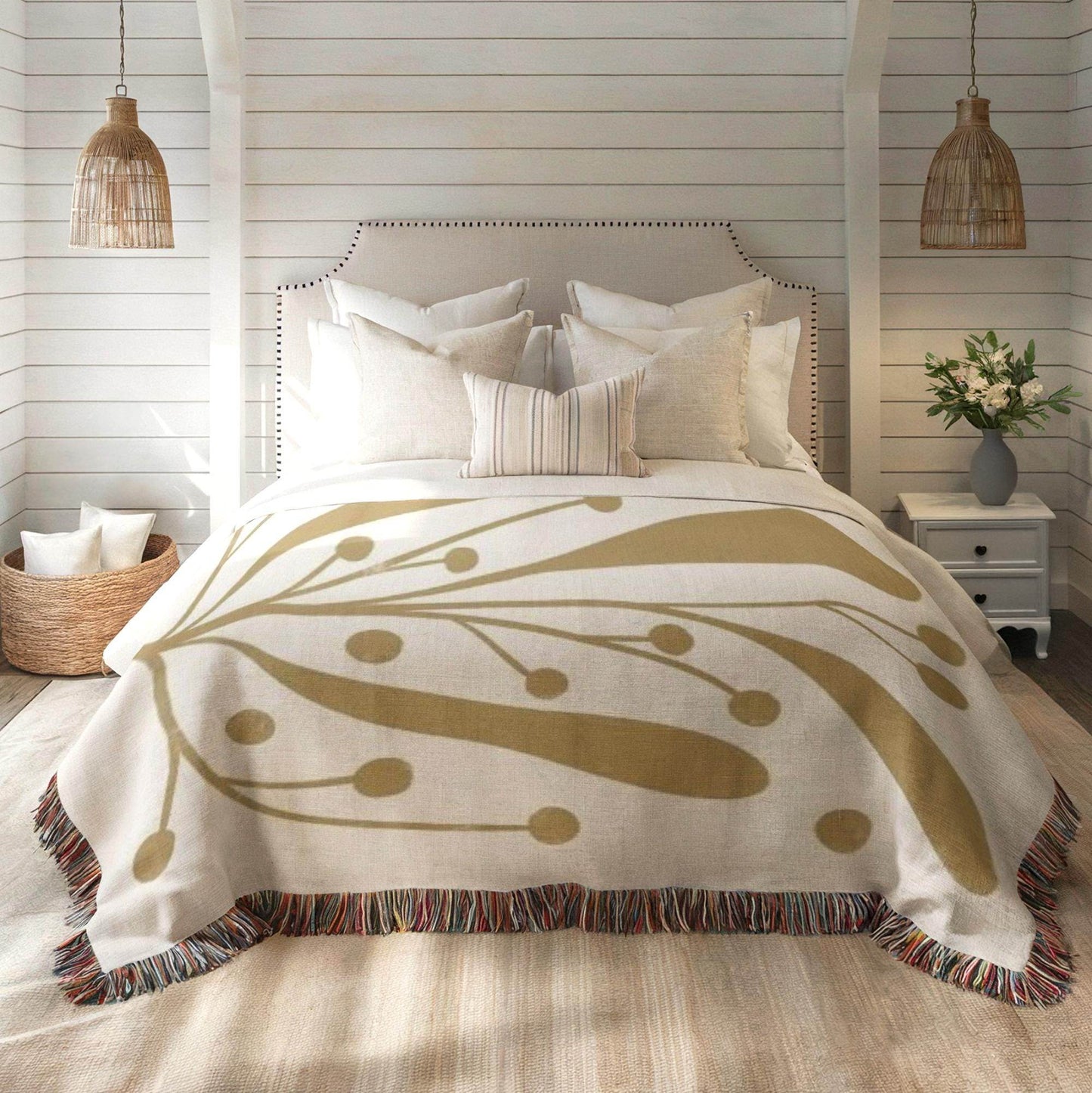 Linden Leaf Woven Blanket - Mid Century Throw With Botanical Pattern & Cozy Cotton - timelessbohochic.com
