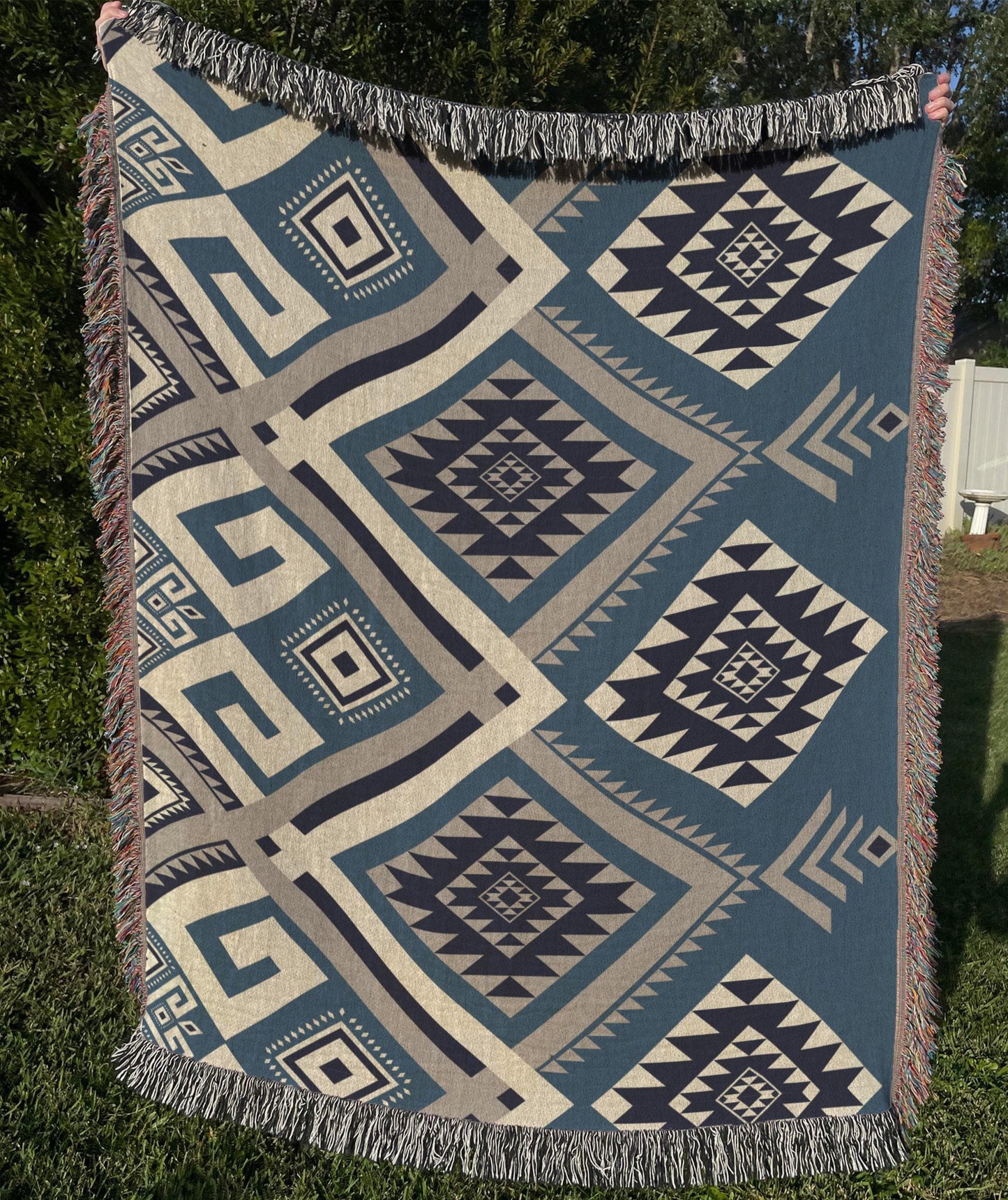 Personalized Woven Blanket – Aztec Pattern Throw | Outdoor Picnic Blanket with Colorful Fringed Edges