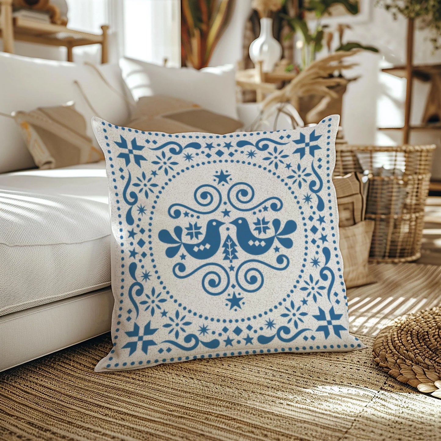 Blue Bird Cushion – Nordic Folk Pillow | Scandi Sofa Cushion | Woven Boho Throw