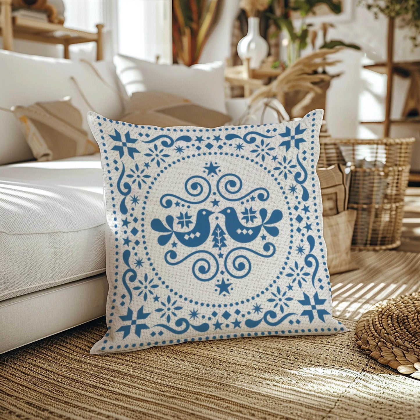Blue Bird Cushion – Nordic Folk Pillow | Scandi Sofa Cushion | Woven Boho Throw - timelessbohochic.com