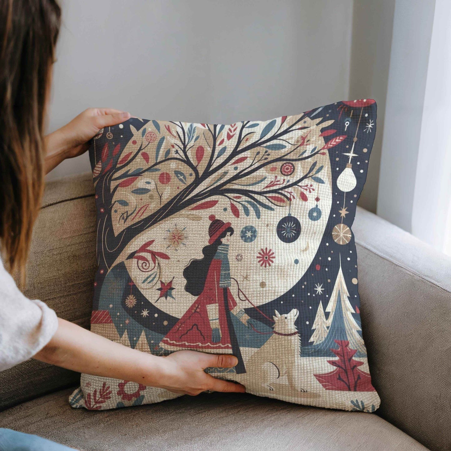 Woven Christmas Pillow - Cozy Seasonal Cushion with Lady & Dog Design | Festive Home Decor - timelessbohochic.com