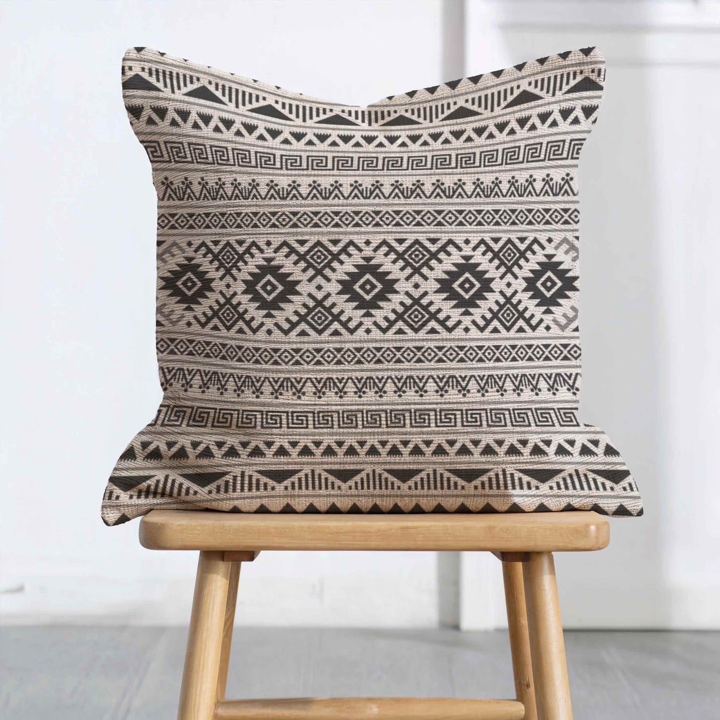 Boho Woven Pillow – Cotton Ikat Pattern Cushion with Fringed Edge Accent - timelessbohochic.com