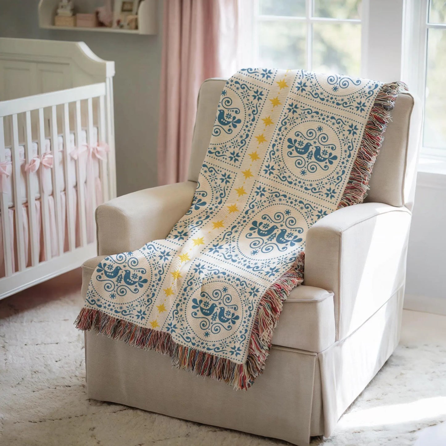 Cotton Woven Blanket | Scandinavian Throw With Colorful Fringed Edges