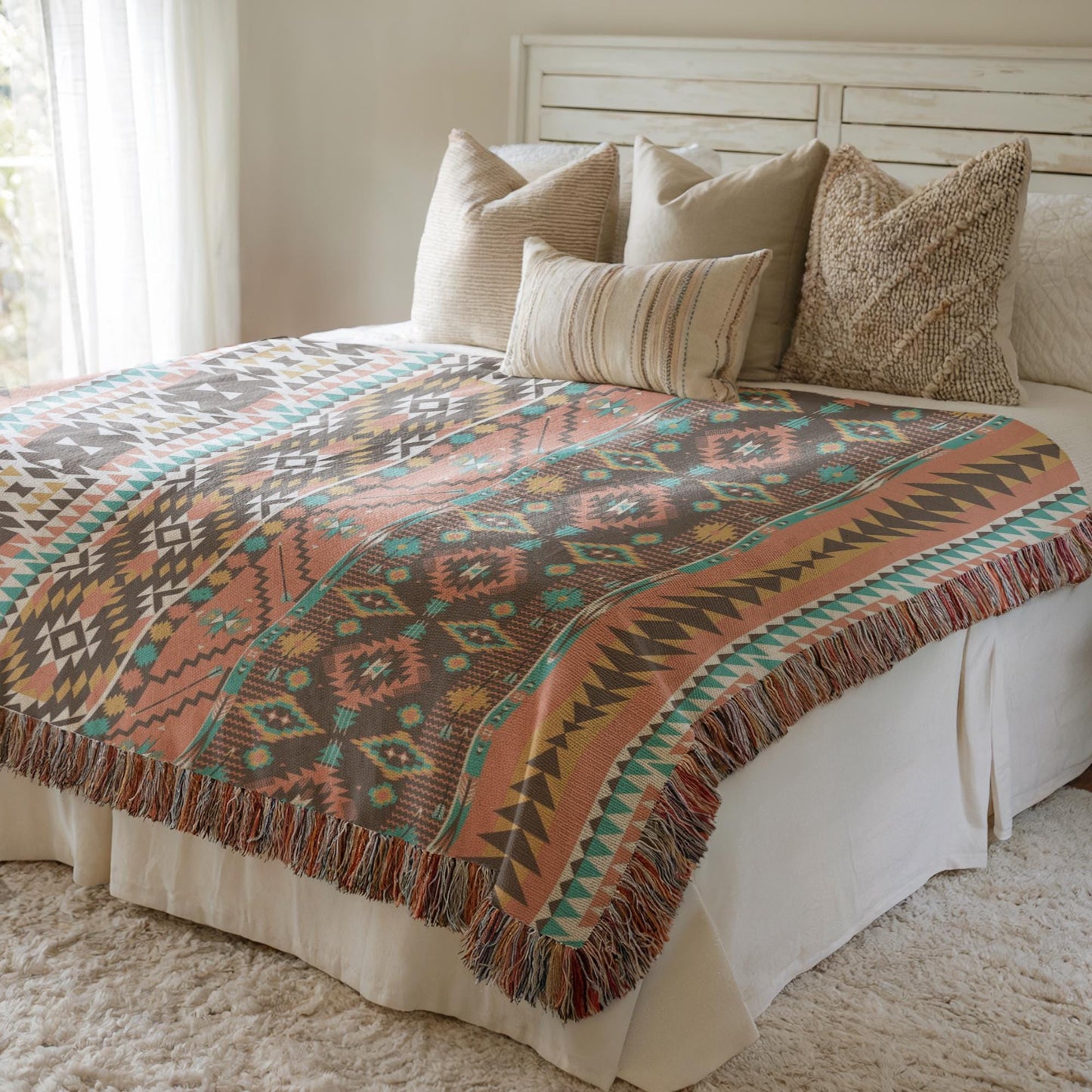 a cozy bedroom with a bed covered in a vibrant, patterned blanket and a white headboard. The bed is adorned with several pillows, creating a comfortable and inviting atmosphere.