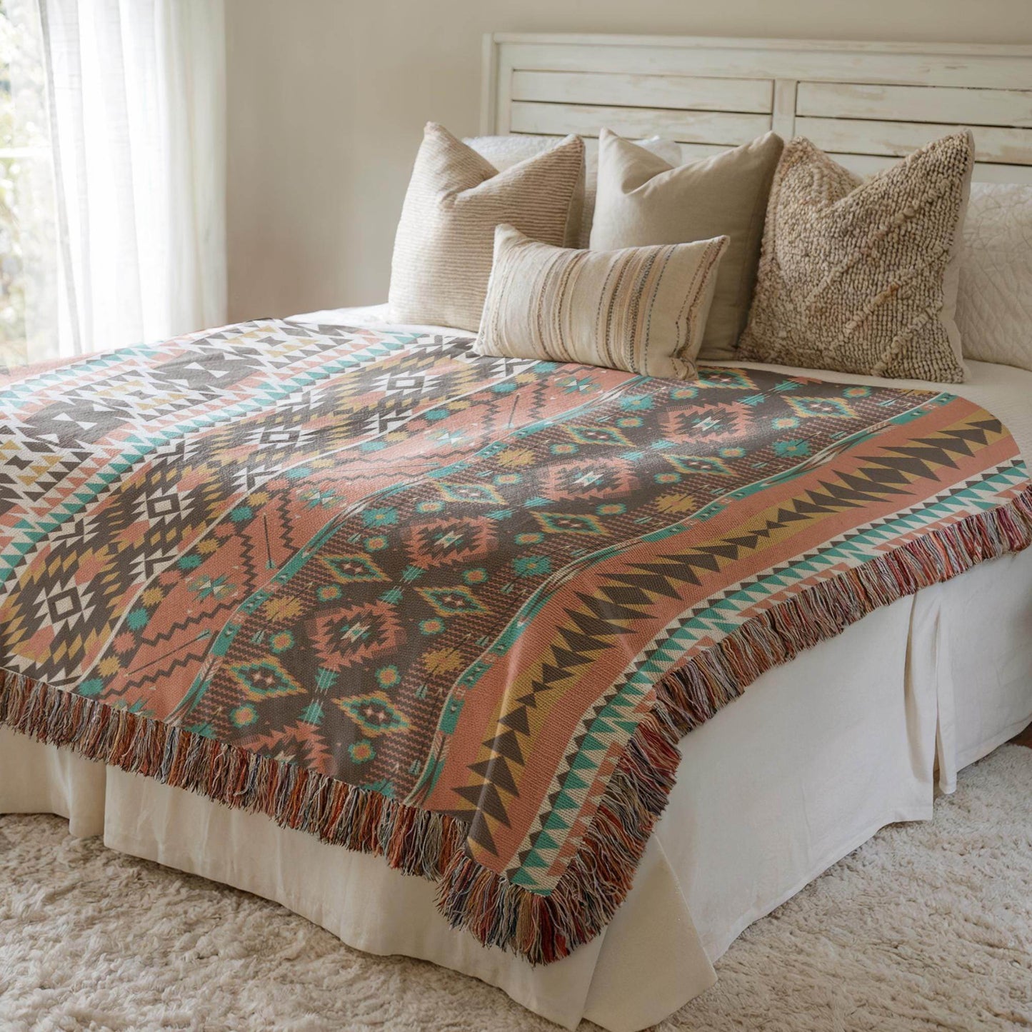 Navajo Pattern Blanket - Southwestern Bed Throw With Colorful Fringed Edges - timelessbohochic.com