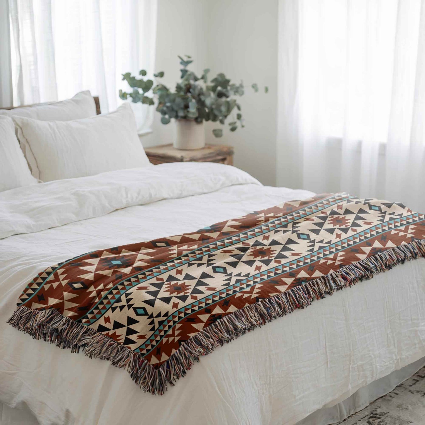 Southwestern Throw Blanket - Cozy Boho Sofa Wrap With Tribal Pattern & Colorful Fringed Edges - timelessbohochic.com
