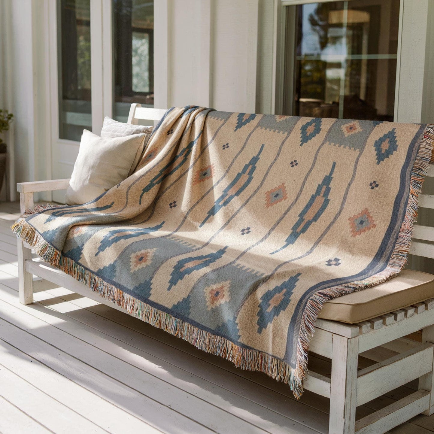 Woven Cotton Blanket – Summer Throw Blanket With Scandi Ethnic Pattern & Colorful Fringed Edges