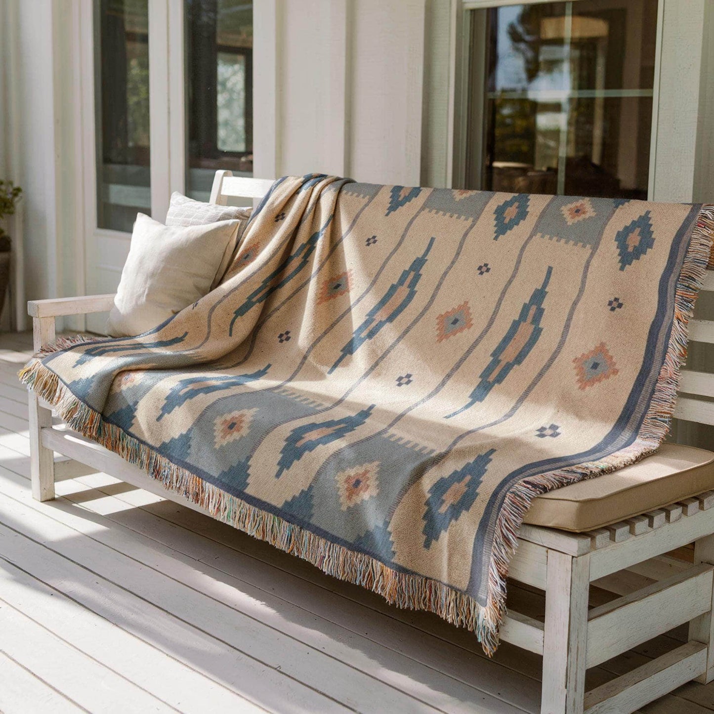 Woven Cotton Summer Blanket - Scandi Ethnic Pattern Throw with Colorful Fringed Edges - timelessbohochic.com