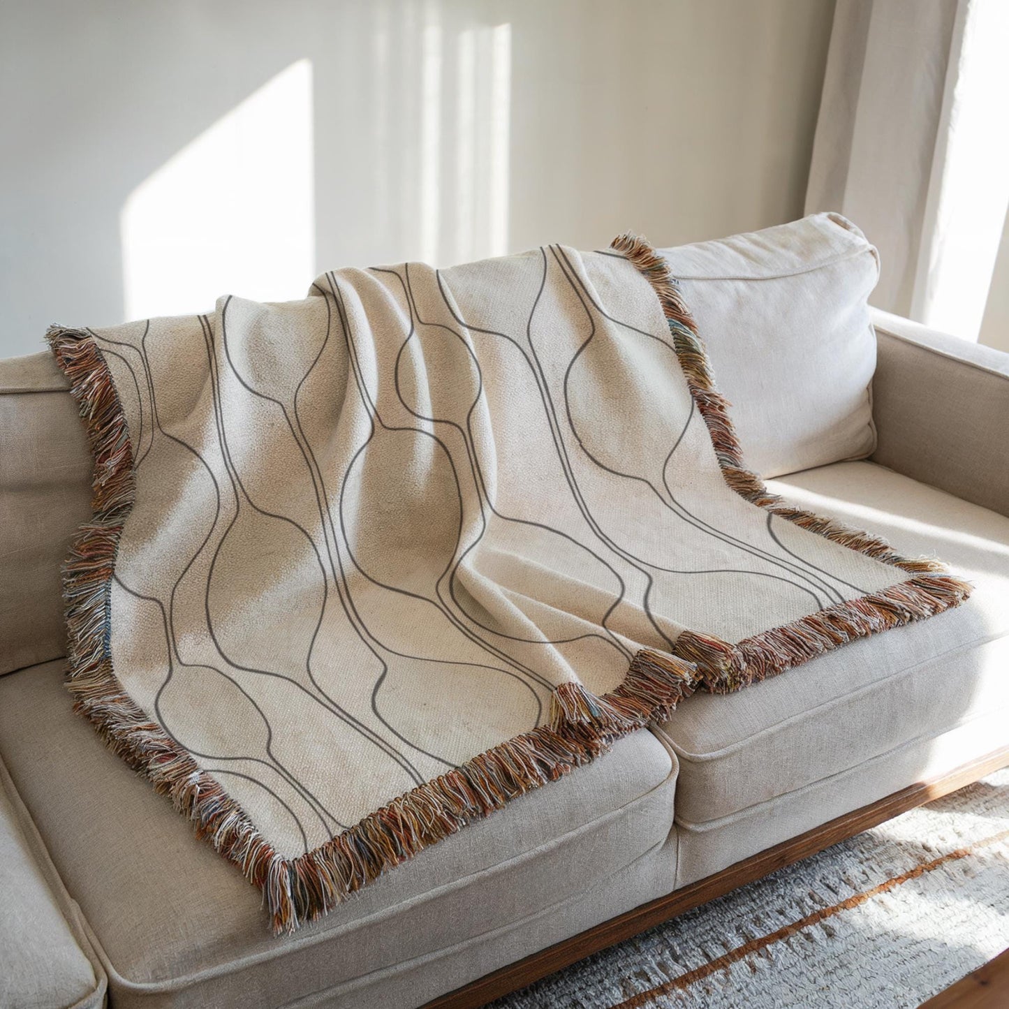 Mid Century Modern Throw - Woven Cotton Blanket With Geometric Pattern & Colorful Fringed Edges
