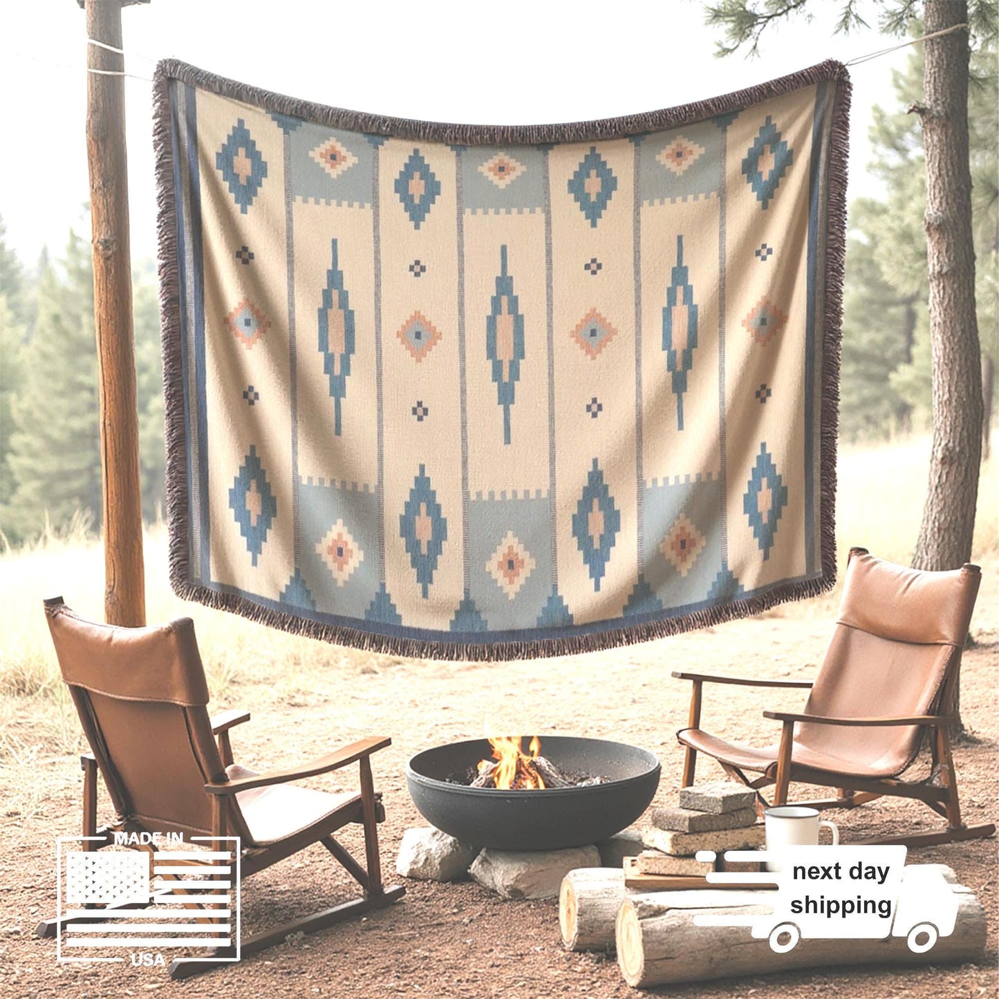 Woven Cotton Blanket – Summer Throw Blanket With Scandi Ethnic Pattern & Colorful Fringed Edges