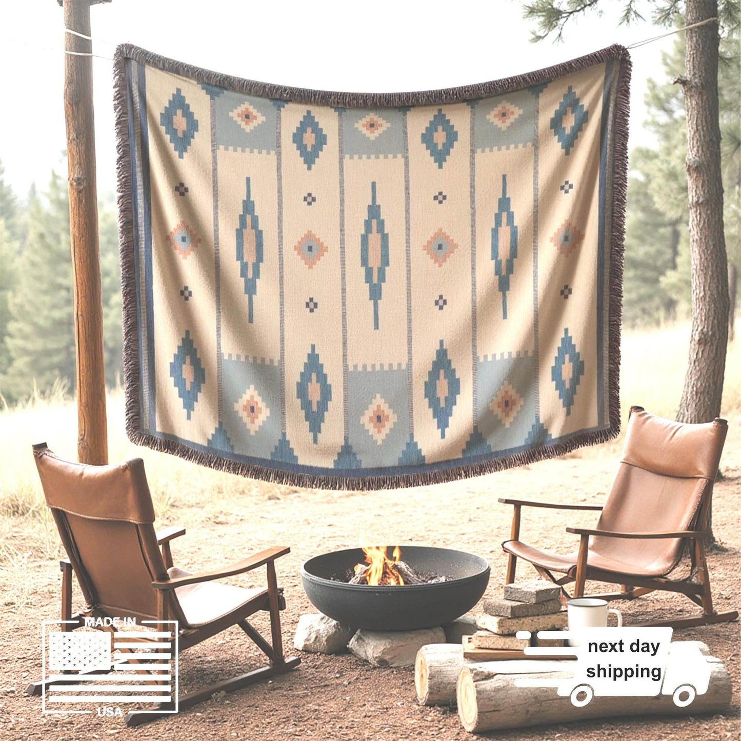 Woven Cotton Summer Blanket - Scandi Ethnic Pattern Throw with Colorful Fringed Edges - timelessbohochic.com