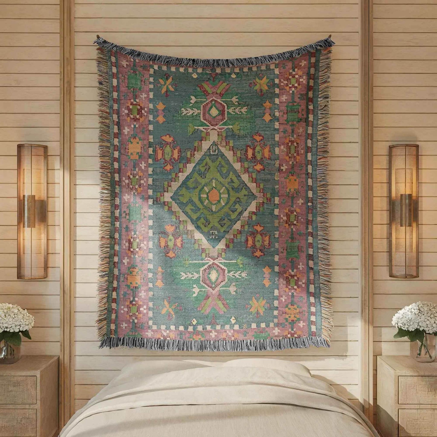 Persian Rug Throw Blanket - Colorful Cotton Fringed Blanket for Cozy Boho Home Decor - timelessbohochic.com
