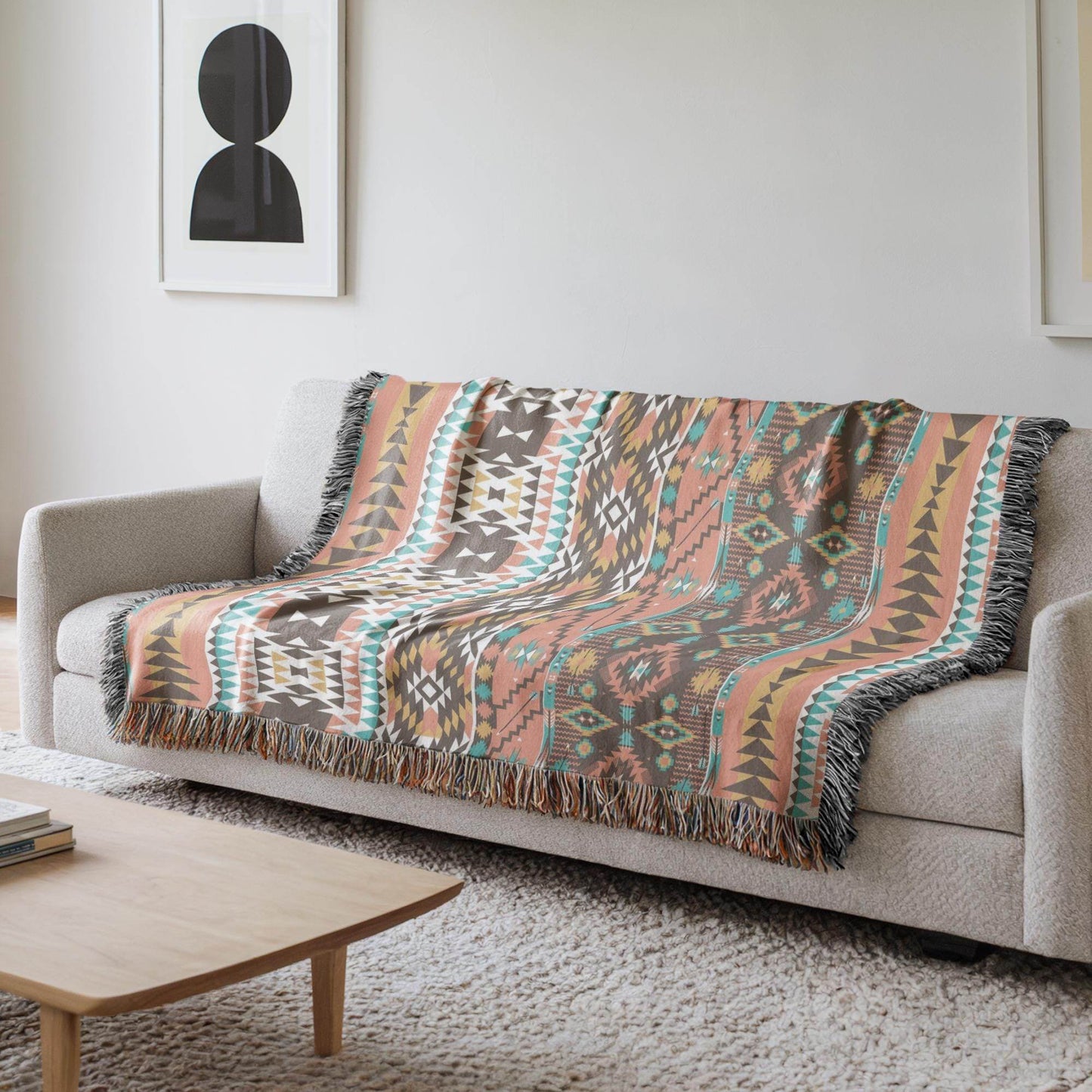 Southwestern Woven Blanket - Navajo Style Throw | Rustic Cotton Textile Sofa Cover - timelessbohochic.com